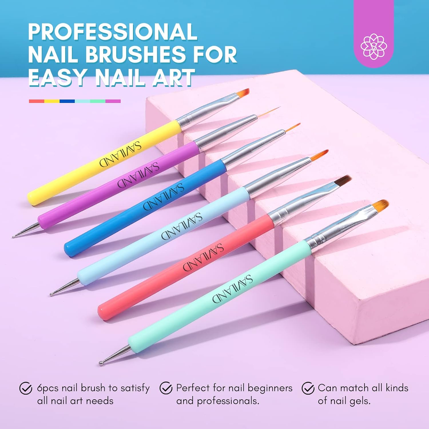 SAVILAND 6PCS Nail Art Brushes Set – Multifunctional Nail Brushes for Nail Art Nail Design Brush Gel Nail Brush for Nail Extension Nail Art Liner Brush 3 Sizes Dotting Tools for DIY - Image 2