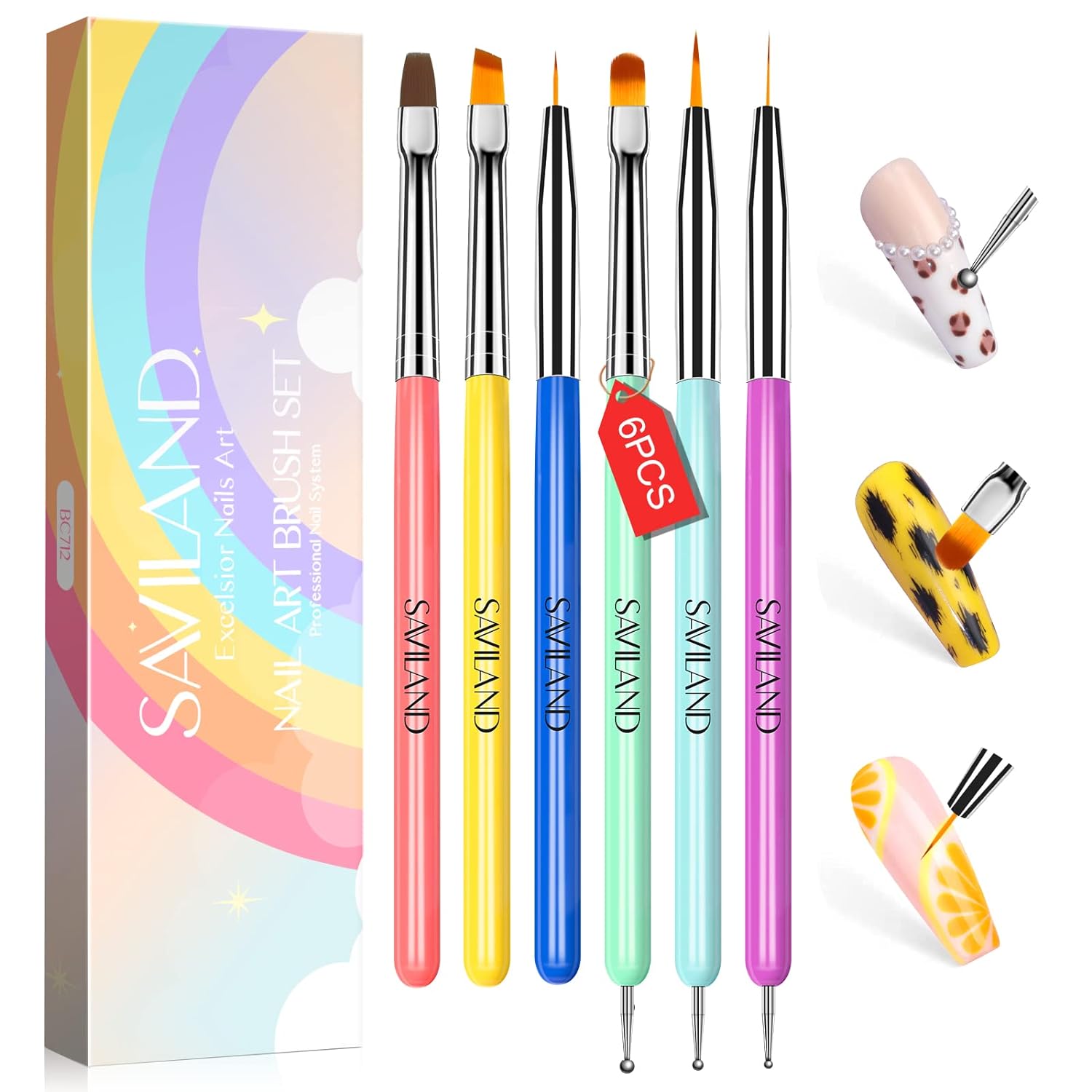 SAVILAND 6PCS Nail Art Brushes Set – Multifunctional Nail Brushes for Nail Art Nail Design Brush Gel Nail Brush for Nail Extension Nail Art Liner Brush 3 Sizes Dotting Tools for DIY