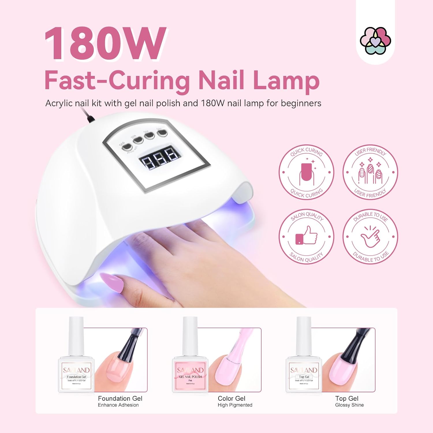 Saviland Acrylic Nail Kit for Beginners: Keratin Acrylic Powder Castor Oil Vitamin E Gel Nail Polish Primer 180W Nail Lamp Nail Drill Full Tools Everything Home Starters - Image 5