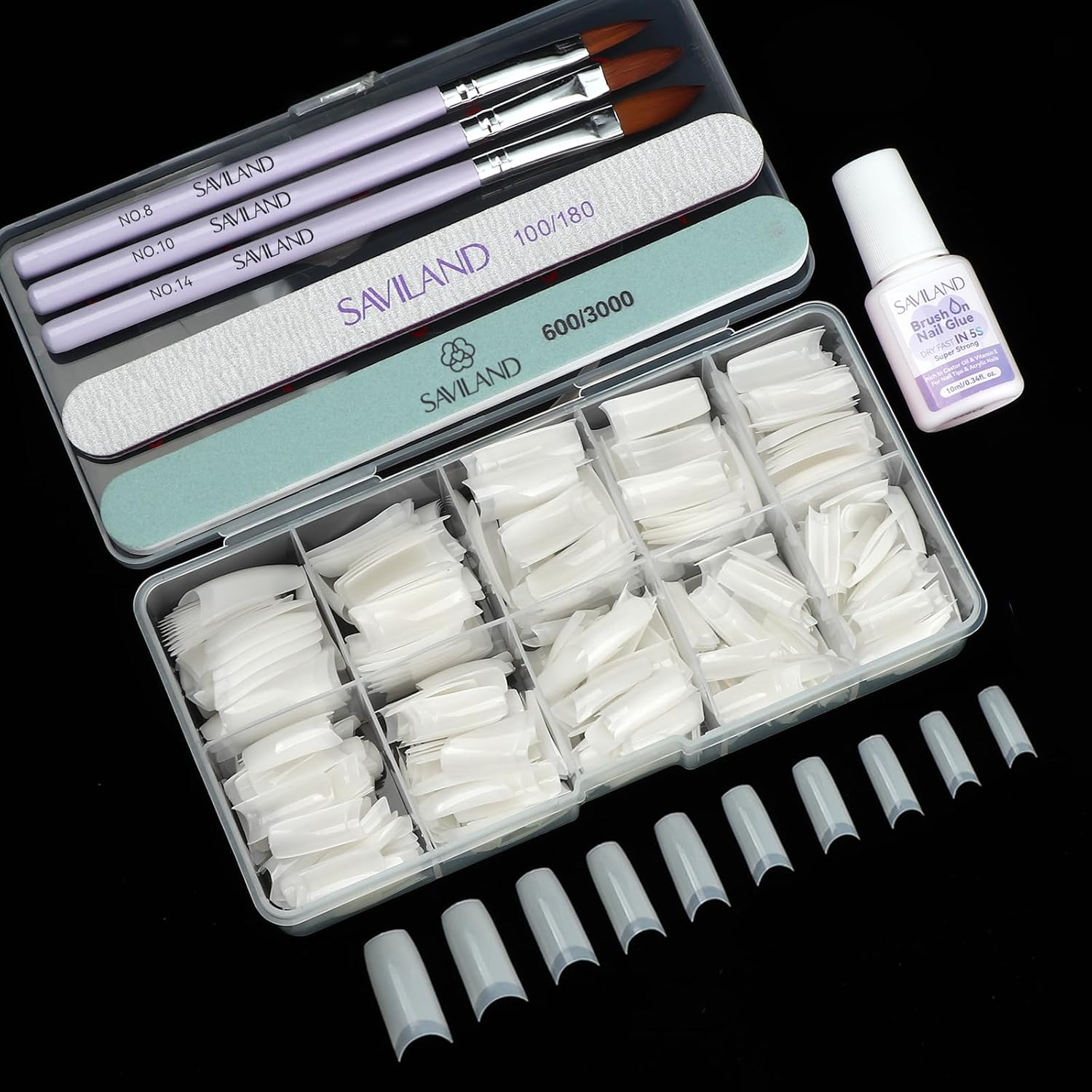 SAVILAND Acrylic Nail Tips with Acrylic Nail Brush: Strong Nail Glue and 10 Sizes Half Cover French Nails Tips Manicure Brush Size 8/10/14 with Box Art At Home DIY