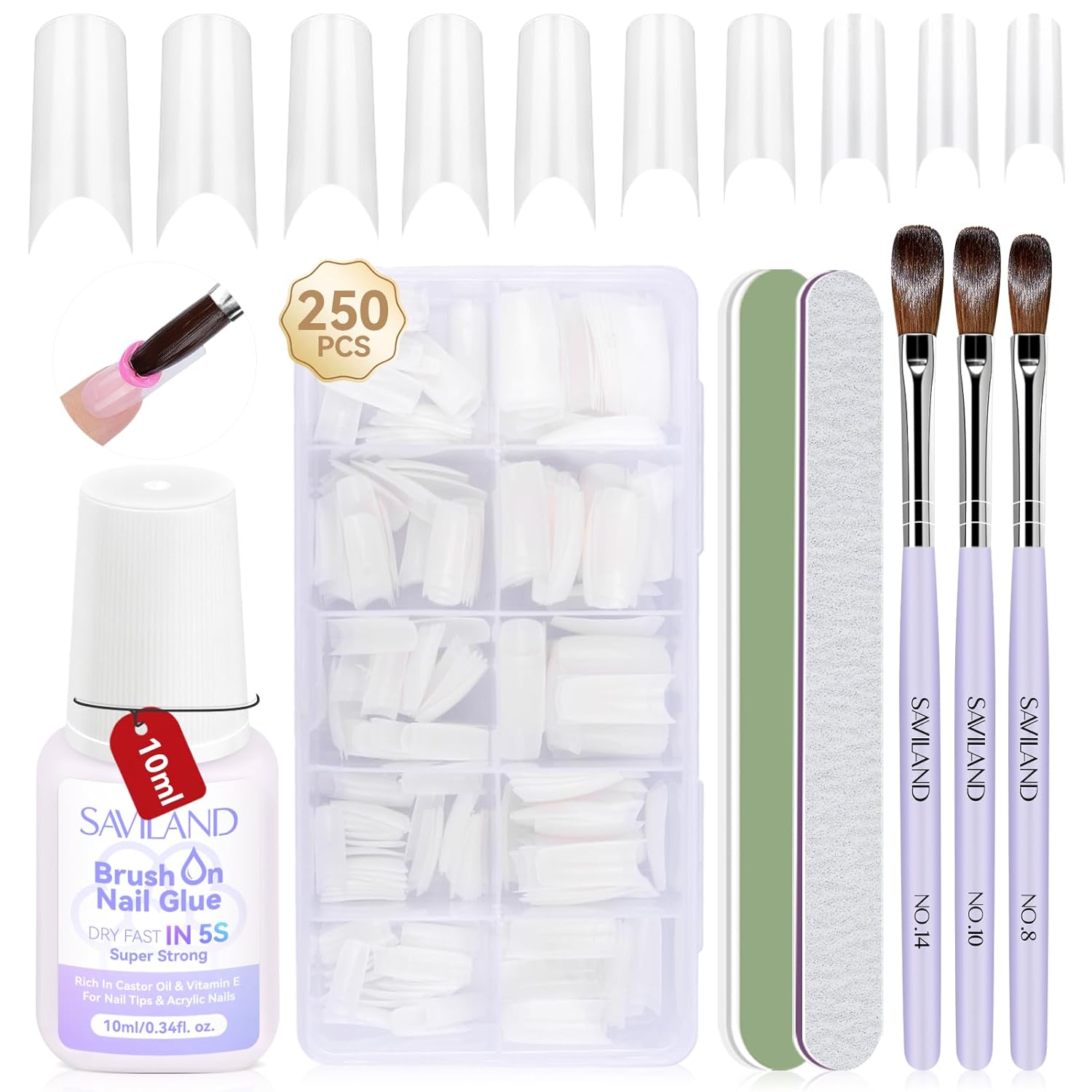 SAVILAND Acrylic Nail Tips with Acrylic Nail Brush: Strong Nail Glue and 10 Sizes Half Cover French Nails Tips Manicure Brush Size 8/10/14 with Box Art At Home DIY - Image 8