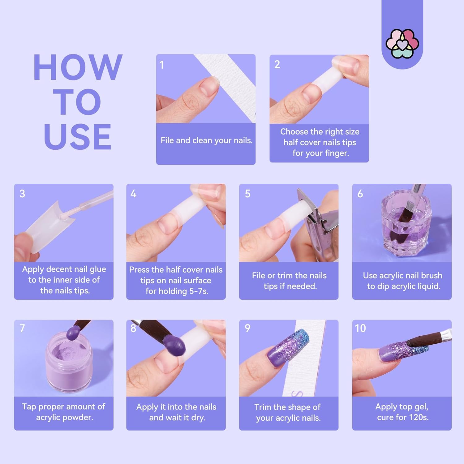SAVILAND Acrylic Nail Tips with Acrylic Nail Brush: Strong Nail Glue and 10 Sizes Half Cover French Nails Tips Manicure Brush Size 8/10/14 with Box Art At Home DIY - Image 7