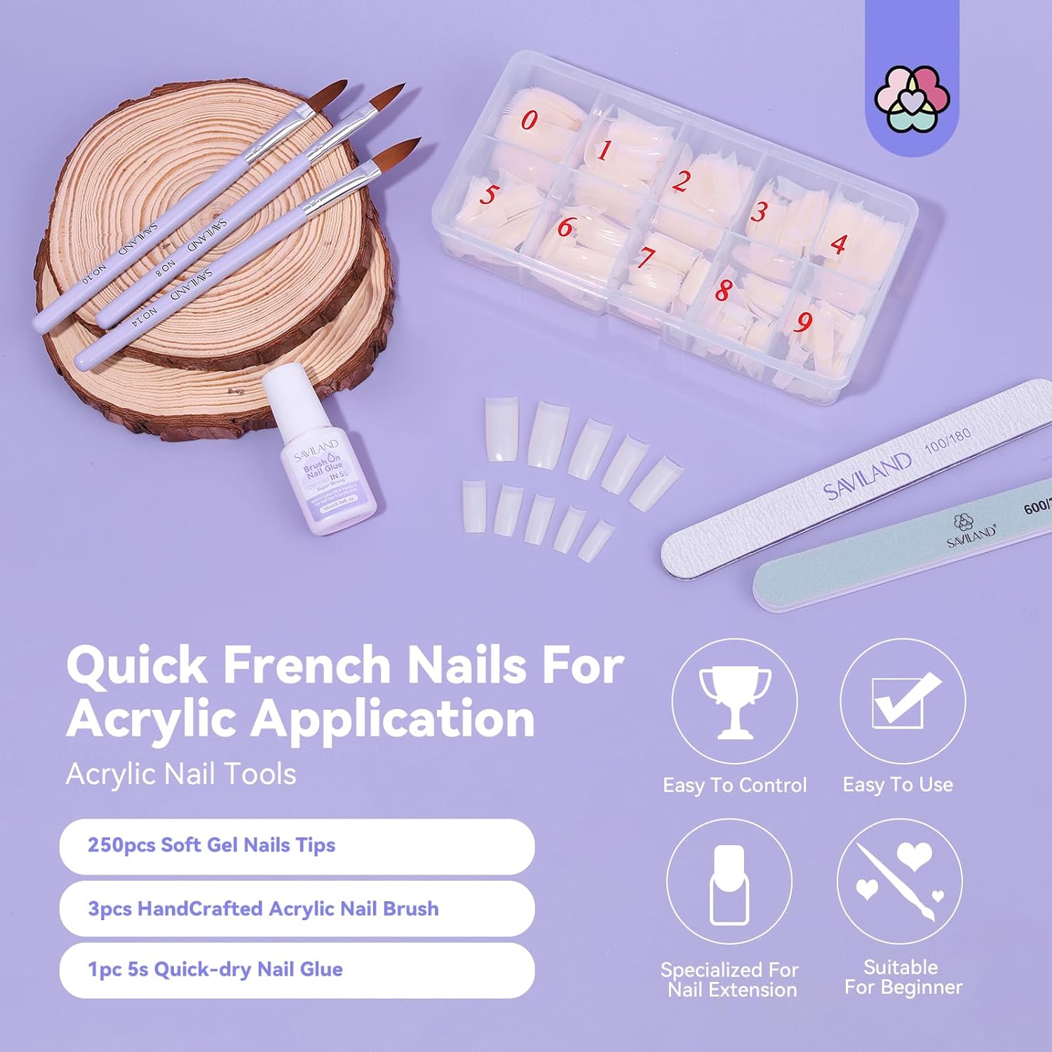 SAVILAND Acrylic Nail Tips with Acrylic Nail Brush: Strong Nail Glue and 10 Sizes Half Cover French Nails Tips Manicure Brush Size 8/10/14 with Box Art At Home DIY - Image 2
