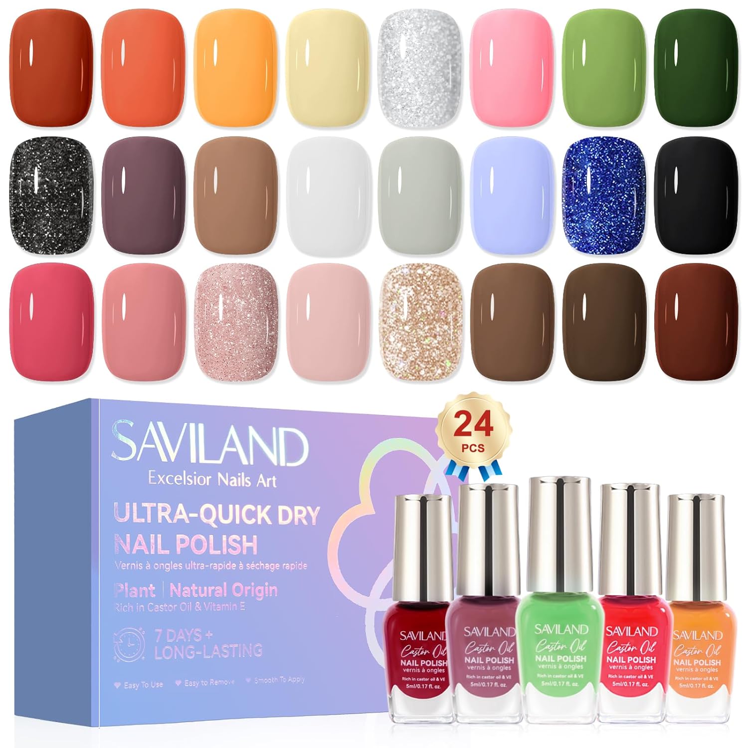 SAVILAND Color Artistry Nail Polish Set: Quick Dry 24 Colors Regular Nail Polish Kit Glitter Pink Red Brown Finger Bulk Fingernail Polish Set Non Gel Castor Oil Vitamin E Nail Lacquer Set Women Home