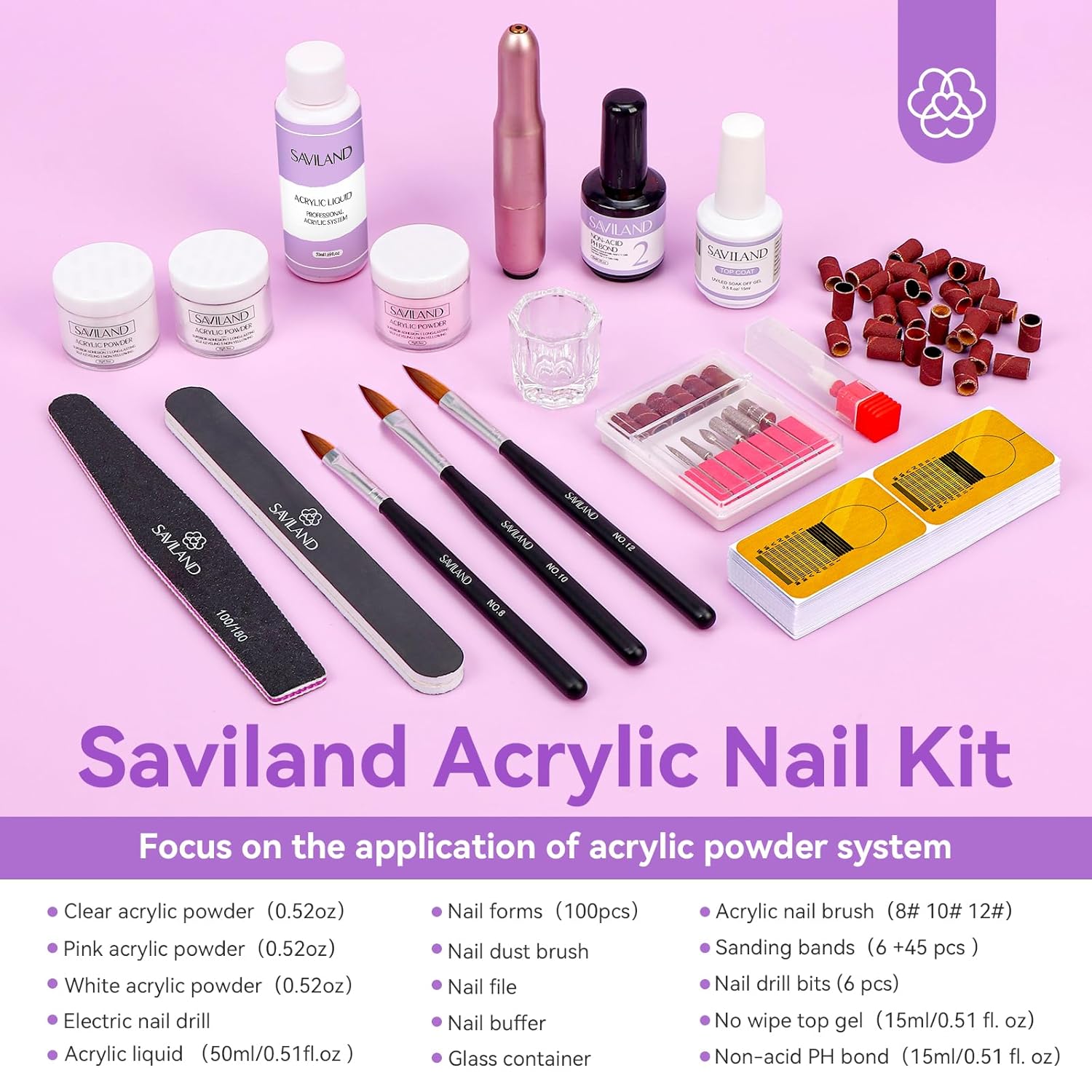 SAVILAND Essentials Acrylic Nail Kit with Drill: White Pink Clear Acrylic Powder and Liquid Set Home Nail Salon Kit for Beginners with Everything Top Gel Nail Primer Brushes Forms Tools Manicure DIY - Image 7