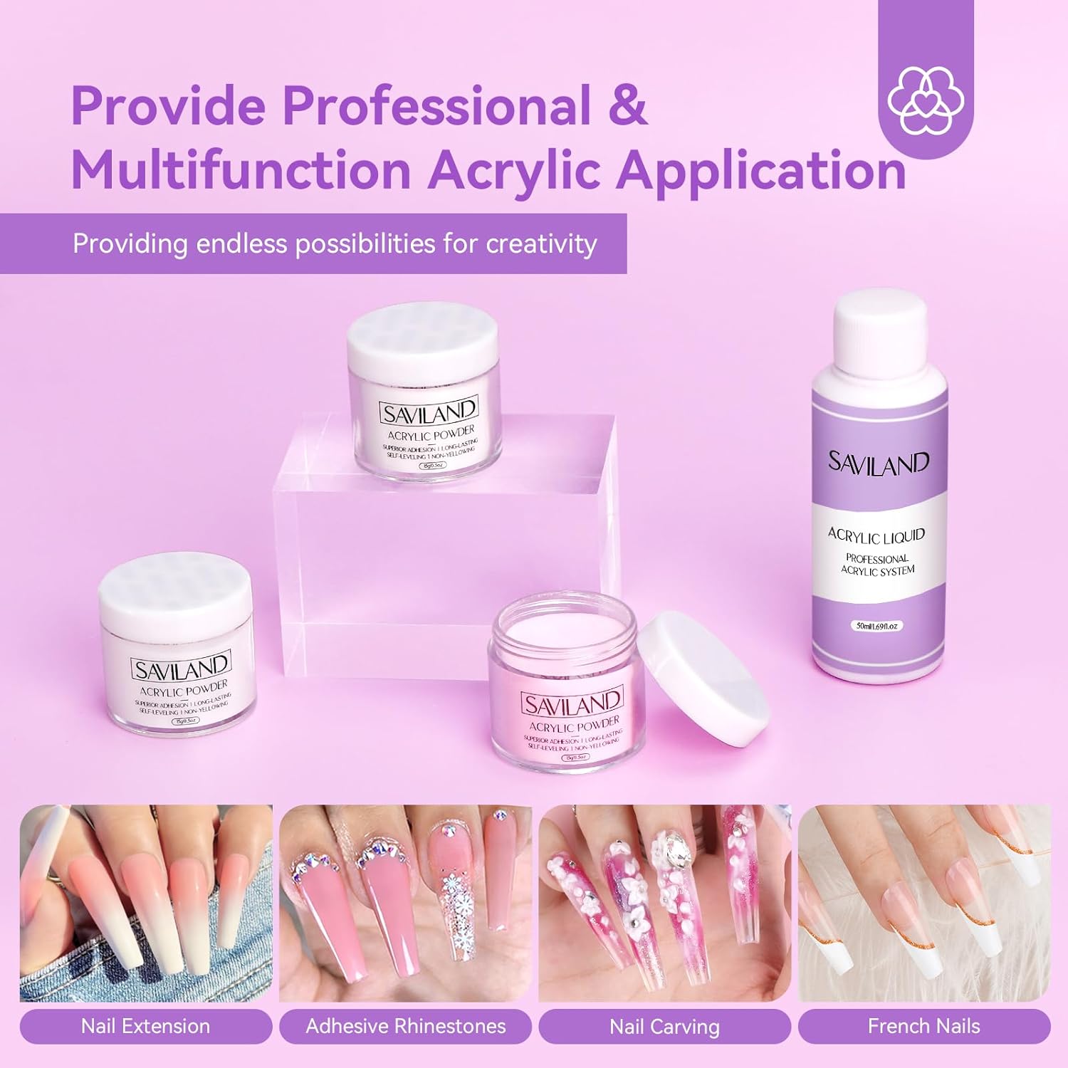 SAVILAND Essentials Acrylic Nail Kit with Drill: White Pink Clear Acrylic Powder and Liquid Set Home Nail Salon Kit for Beginners with Everything Top Gel Nail Primer Brushes Forms Tools Manicure DIY - Image 3