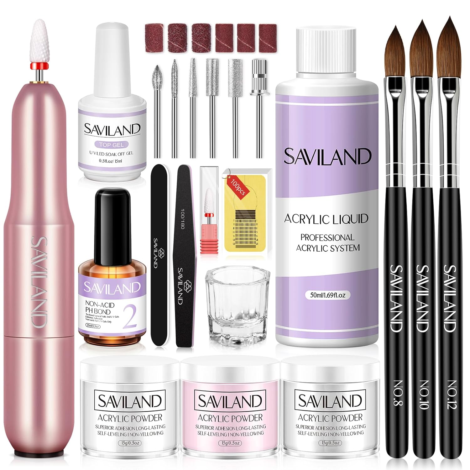 SAVILAND Essentials Acrylic Nail Kit with Drill: White Pink Clear Acrylic Powder and Liquid Set Home Nail Salon Kit for Beginners with Everything Top Gel Nail Primer Brushes Forms Tools Manicure DIY