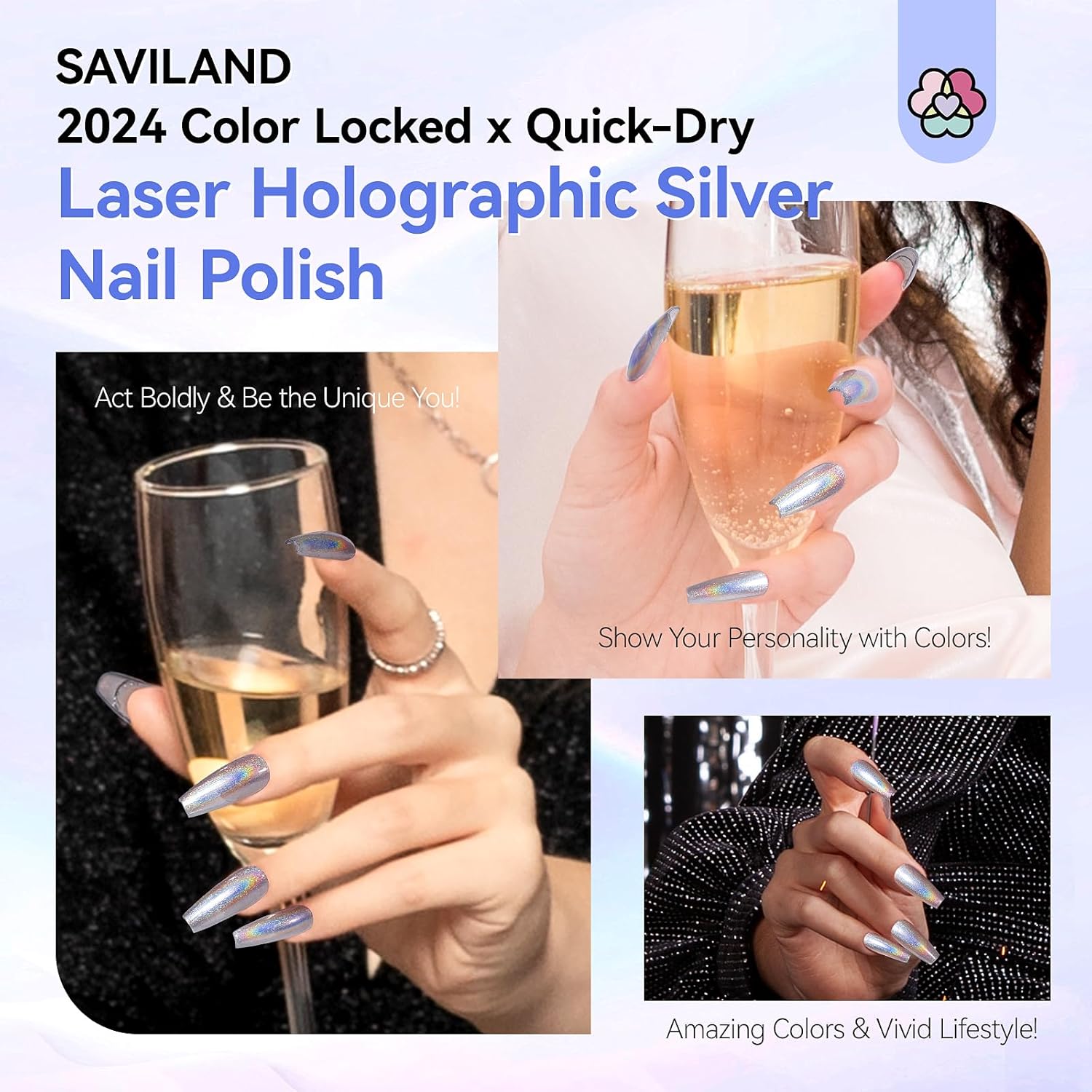SAVILAND Holographic Nail Polish: Laser Silver Chrome Quick Air Dry Fingernail Polish Non Gel 0.34 OZ Castor Oil Nail Lacquer Shimmer Glitter Effect Toenail Polish Nail Art Home - Image 6