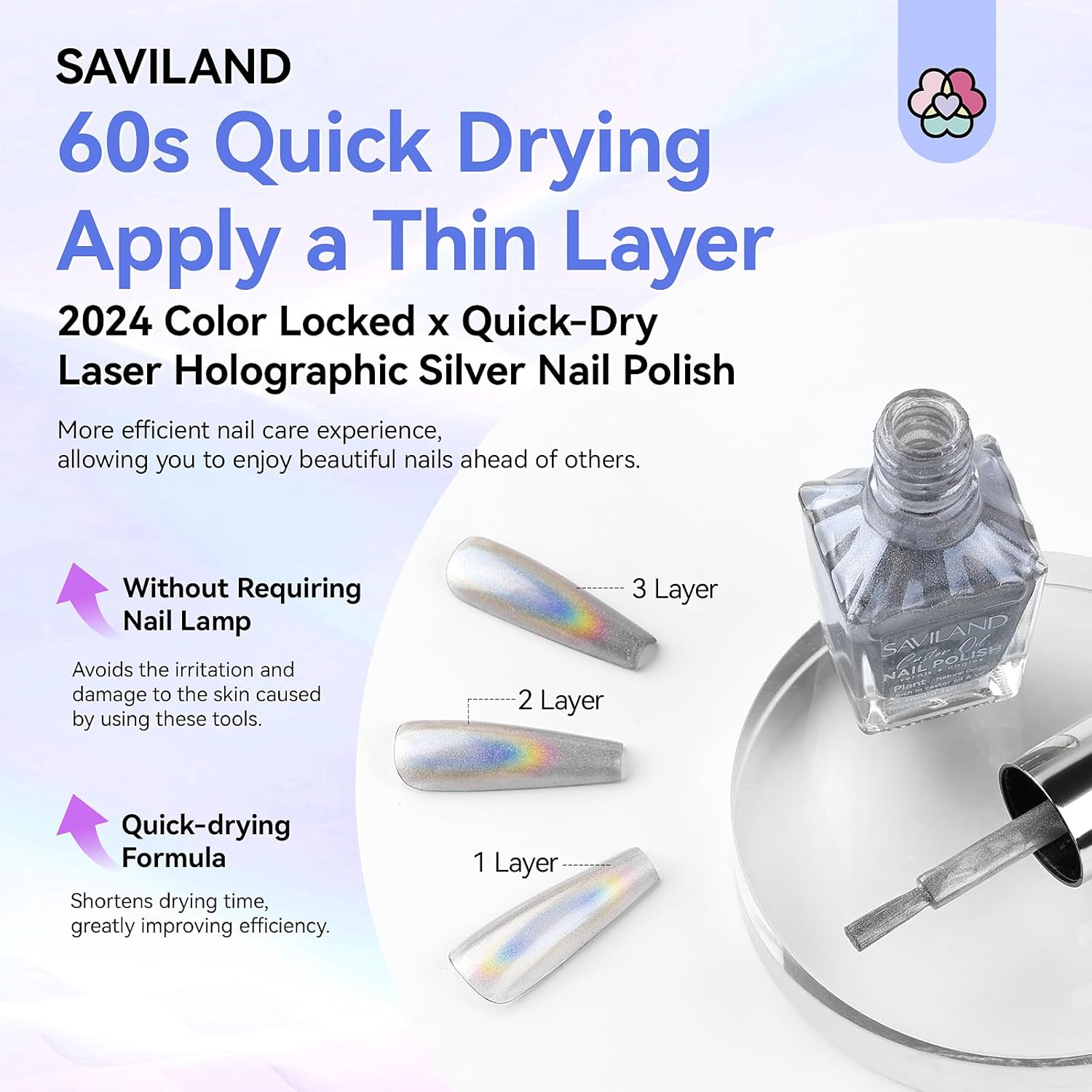 SAVILAND Holographic Nail Polish: Laser Silver Chrome Quick Air Dry Fingernail Polish Non Gel 0.34 OZ Castor Oil Nail Lacquer Shimmer Glitter Effect Toenail Polish Nail Art Home - Image 5