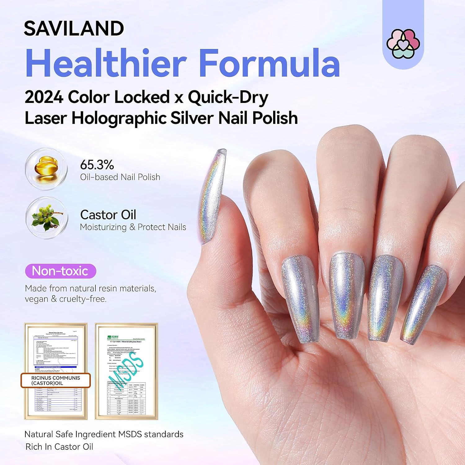 SAVILAND Holographic Nail Polish: Laser Silver Chrome Quick Air Dry Fingernail Polish Non Gel 0.34 OZ Castor Oil Nail Lacquer Shimmer Glitter Effect Toenail Polish Nail Art Home - Image 4
