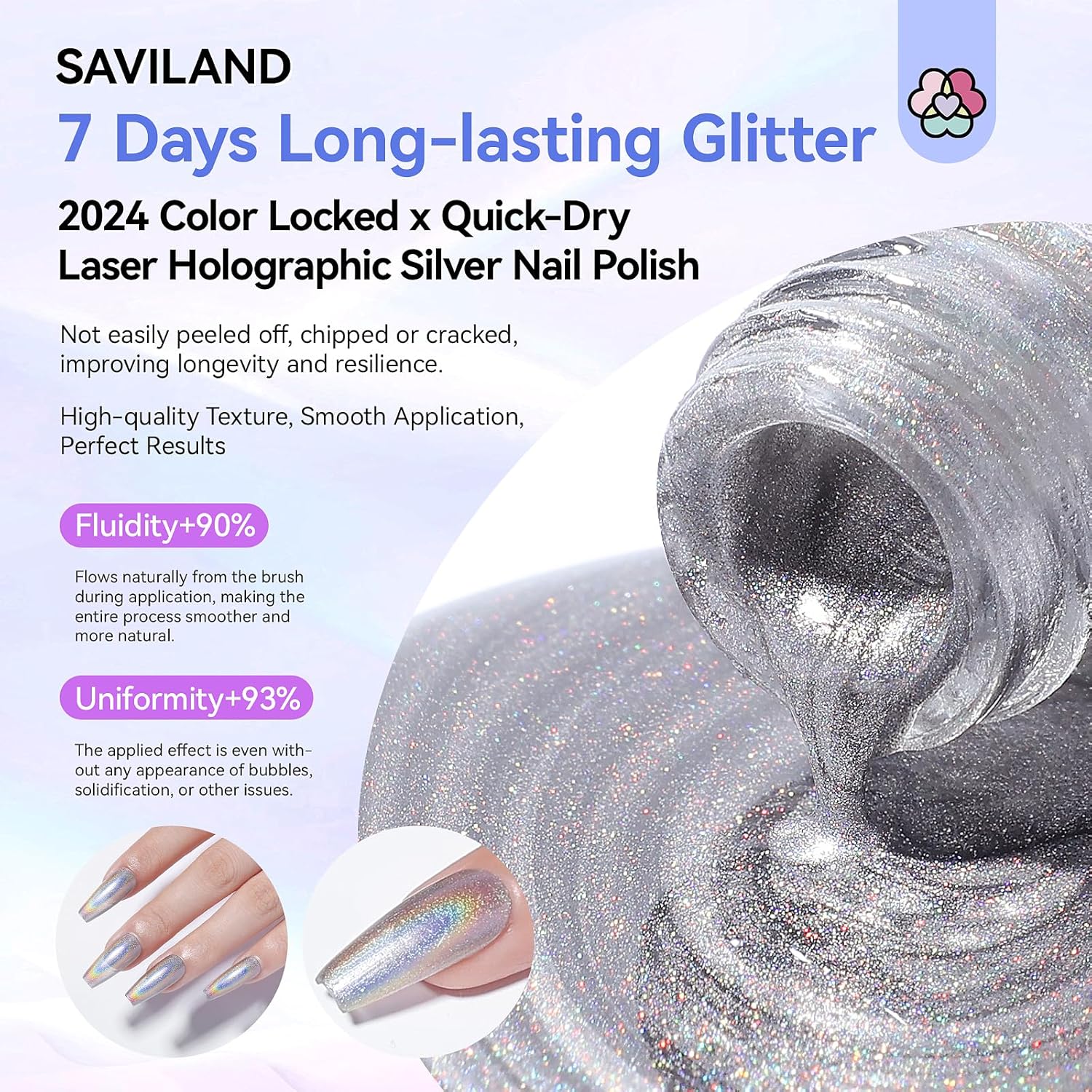 SAVILAND Holographic Nail Polish: Laser Silver Chrome Quick Air Dry Fingernail Polish Non Gel 0.34 OZ Castor Oil Nail Lacquer Shimmer Glitter Effect Toenail Polish Nail Art Home - Image 3