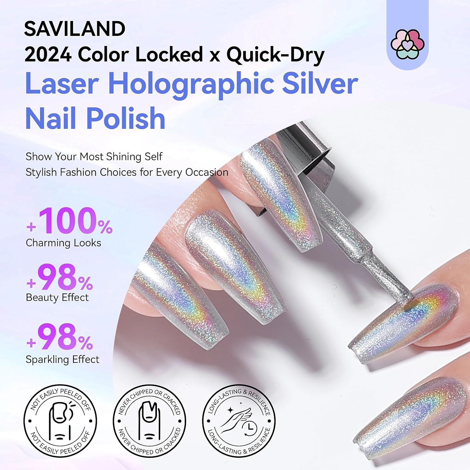 SAVILAND Holographic Nail Polish: Laser Silver Chrome Quick Air Dry Fingernail Polish Non Gel 0.34 OZ Castor Oil Nail Lacquer Shimmer Glitter Effect Toenail Polish Nail Art Home - Image 2
