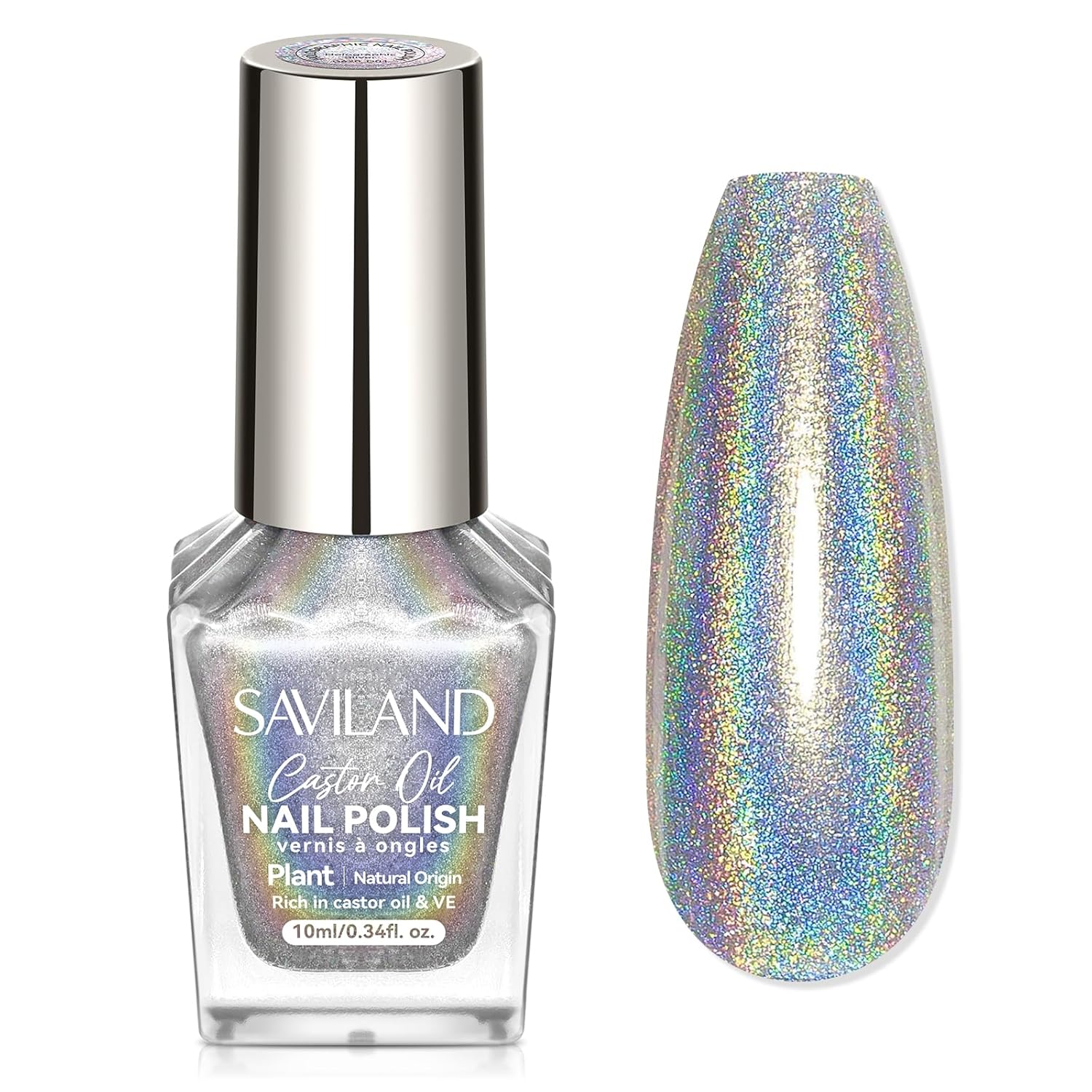 SAVILAND Holographic Nail Polish: Laser Silver Chrome Quick Air Dry Fingernail Polish Non Gel 0.34 OZ Castor Oil Nail Lacquer Shimmer Glitter Effect Toenail Polish Nail Art Home