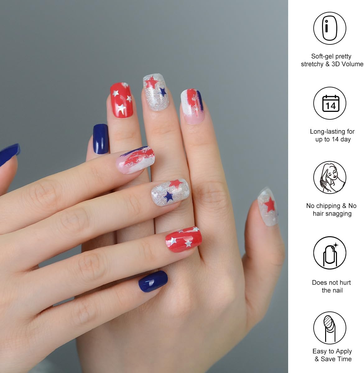 Semi Cured Gel Nail Strips 4th of July Patriotic Extra Long Salon-Quality Gel Nail Stickers Independence Day Long Lasting Nail Wraps for Women Short Nails (Liberalism P11) - Image 3