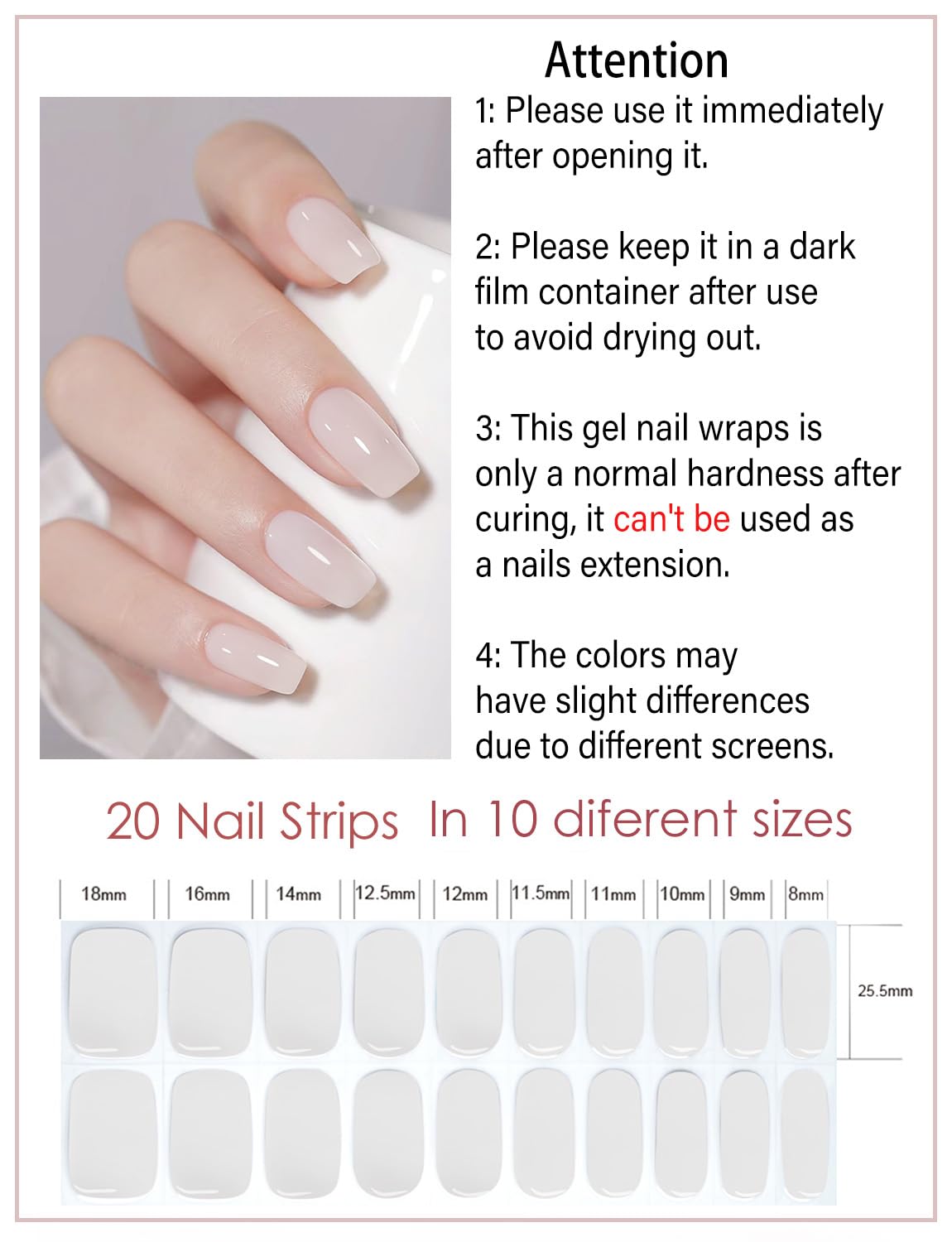 Semi Cured Gel Nail Strips, Jelly Milky White 20pcs Gel Nail Stickers Work with UV, Gel Nail Wrapsfor Home Nail Art DIY, Easy to Use and Remove - Image 2