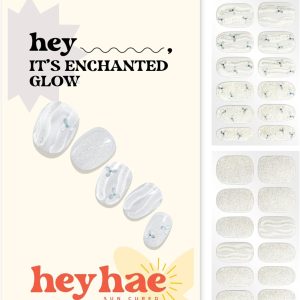 Semi Cured Gel Nail Strips | No LED Lamp Needed | Glitter, White | Easy Apply & Remove, Salon Quality Includes 28 Strips, 1 Prep Pads, Nail File & Wooden Stick - Hey, It's Enchanted Glow