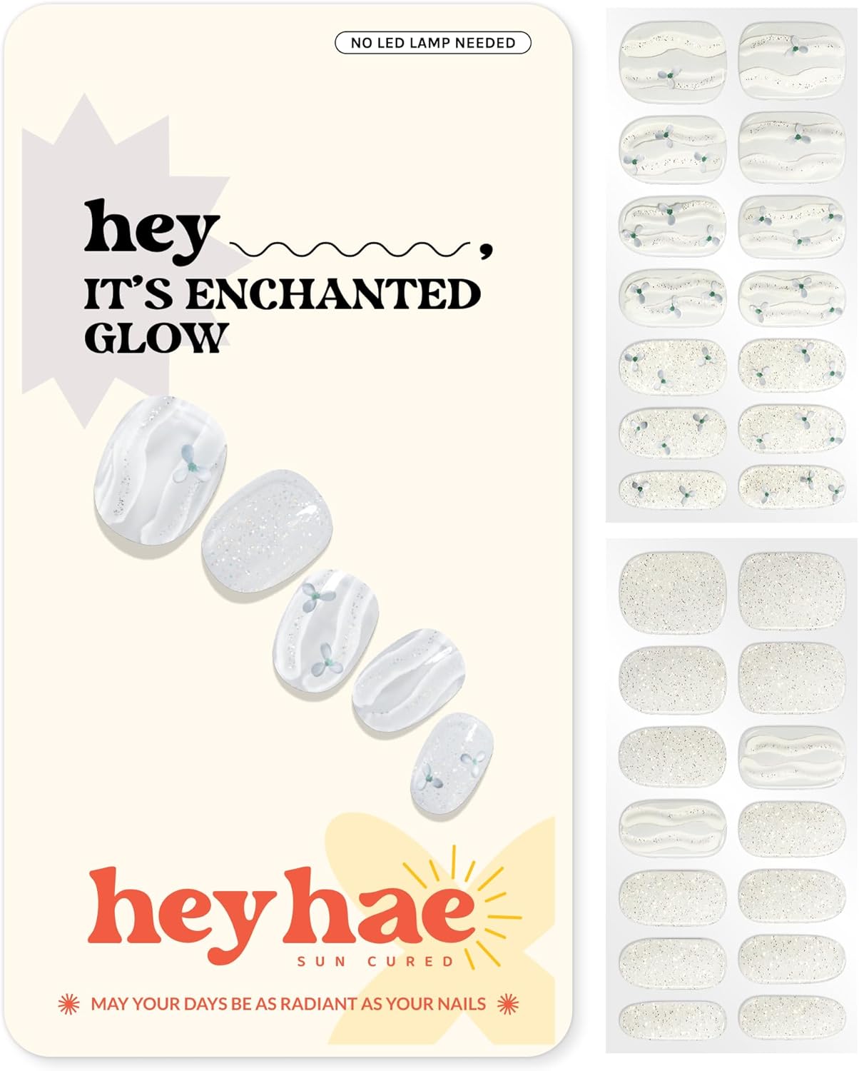 Semi Cured Gel Nail Strips | No LED Lamp Needed | Glitter, White | Easy Apply & Remove, Salon Quality Includes 28 Strips, 1 Prep Pads, Nail File & Wooden Stick - Hey, It's Enchanted Glow