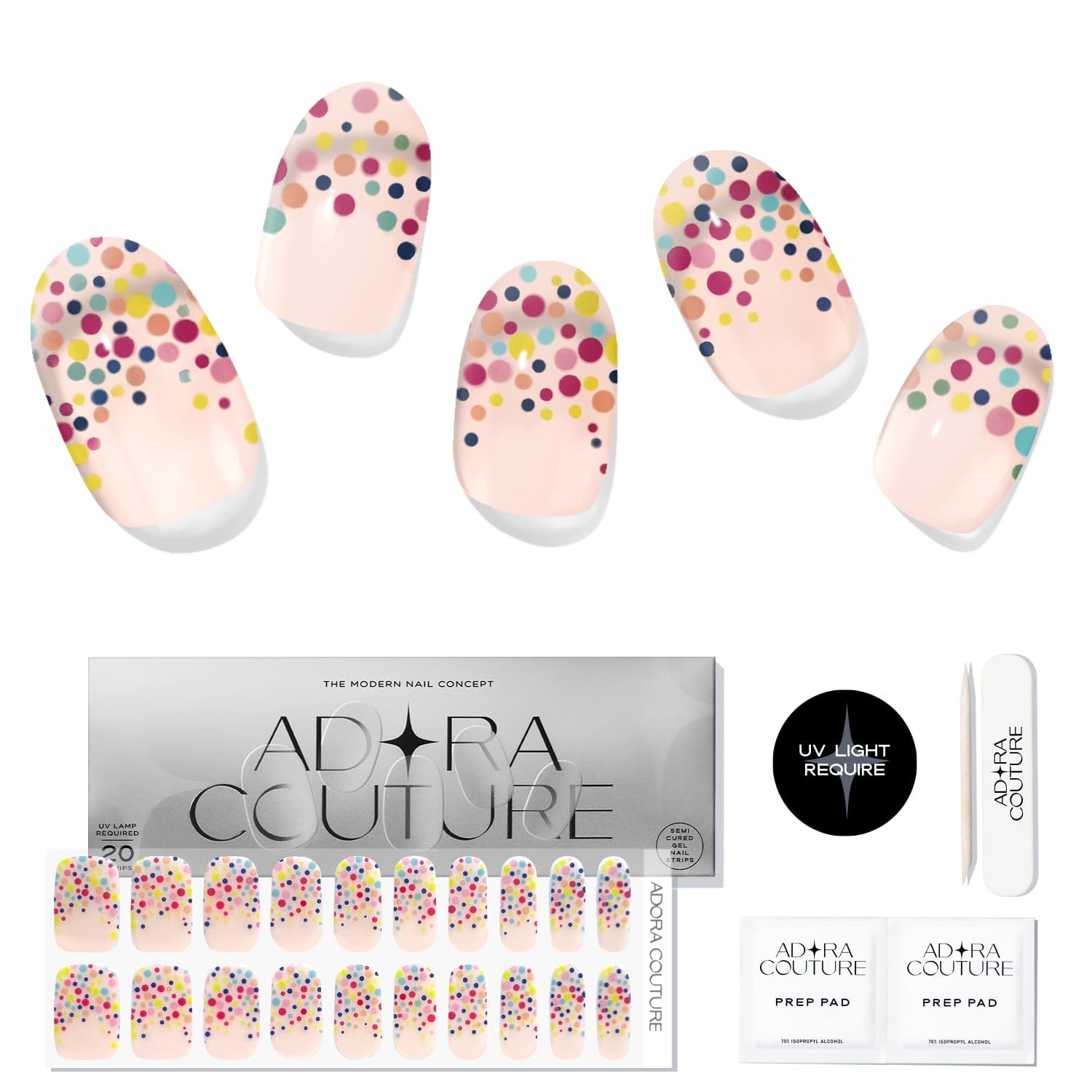 Semi Cured Gel Nail Strips with 20 Pieces, Salon Quality Nail Wraps for Women, Confetti ColorfulUV Gel Nail Stickers, UV Light Required, Sprinkles