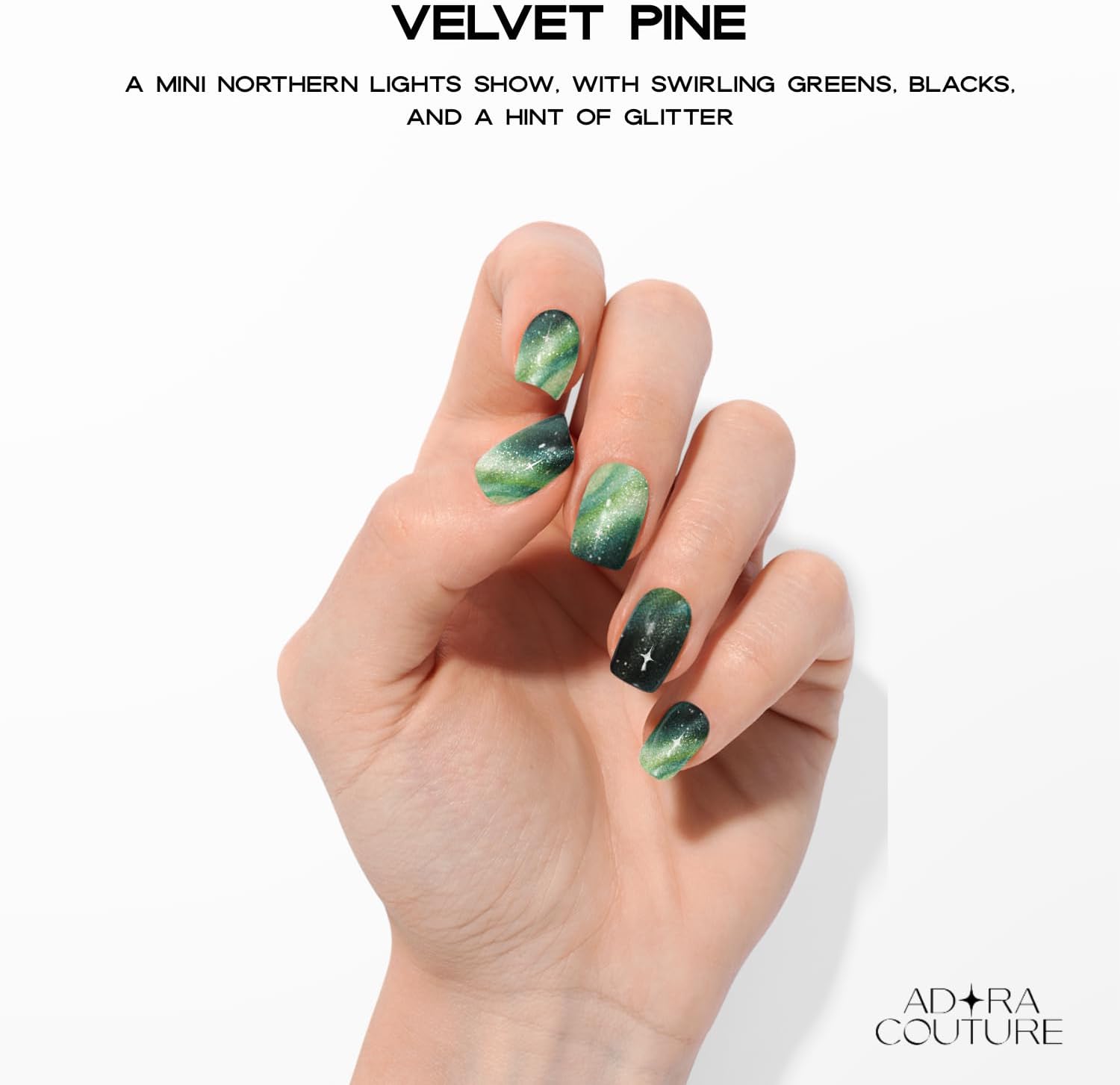 Semi Cured Gel Nail Strips with 30 Pieces, Salon Quality Nail Wraps for Women, Green Northern Lights Glitter UV Gel Nail Stickers, UV Light Required, Velvet Pine - Image 2
