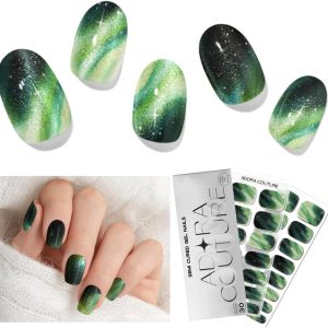 Semi Cured Gel Nail Strips with 30 Pieces, Salon Quality Nail Wraps for Women, Green Northern Lights Glitter UV Gel Nail Stickers, UV Light Required, Velvet Pine