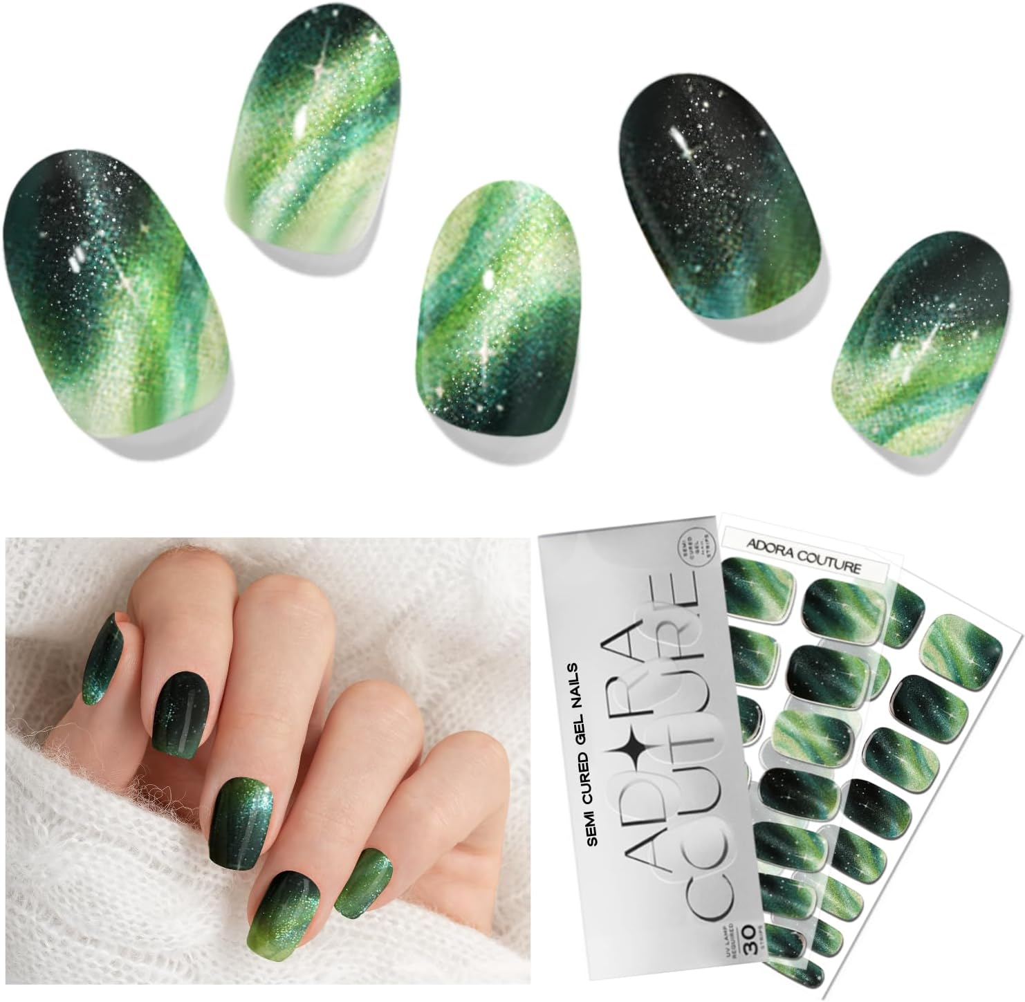 Semi Cured Gel Nail Strips with 30 Pieces, Salon Quality Nail Wraps for Women, Green Northern Lights Glitter UV Gel Nail Stickers, UV Light Required, Velvet Pine