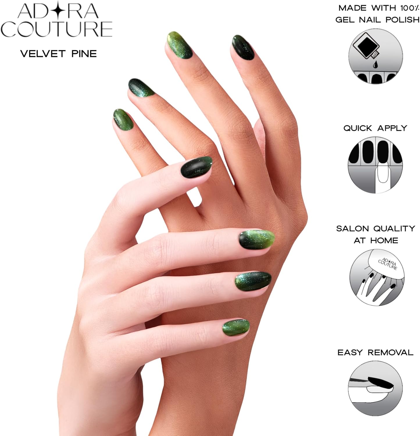 Semi Cured Gel Nail Strips with 30 Pieces, Salon Quality Nail Wraps for Women, Green Northern Lights Glitter UV Gel Nail Stickers, UV Light Required, Velvet Pine - Image 6