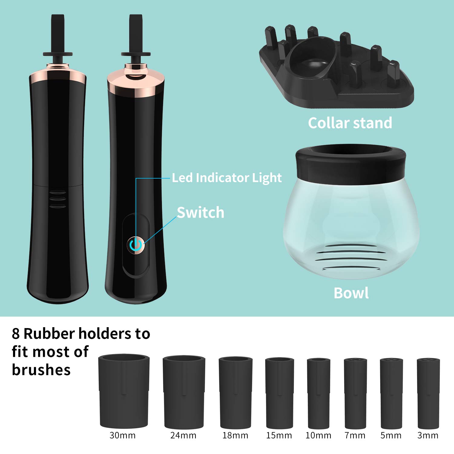 Senbowe Upgraded Makeup Brush Cleaner and Dryer Machine, Electric Cosmetic Automatic Brush Spinner with 8 Size Rubber Collars, Wash and Dry in Seconds, Deep Cosmetic Brush Spinner for All Size Brushes - Image 7
