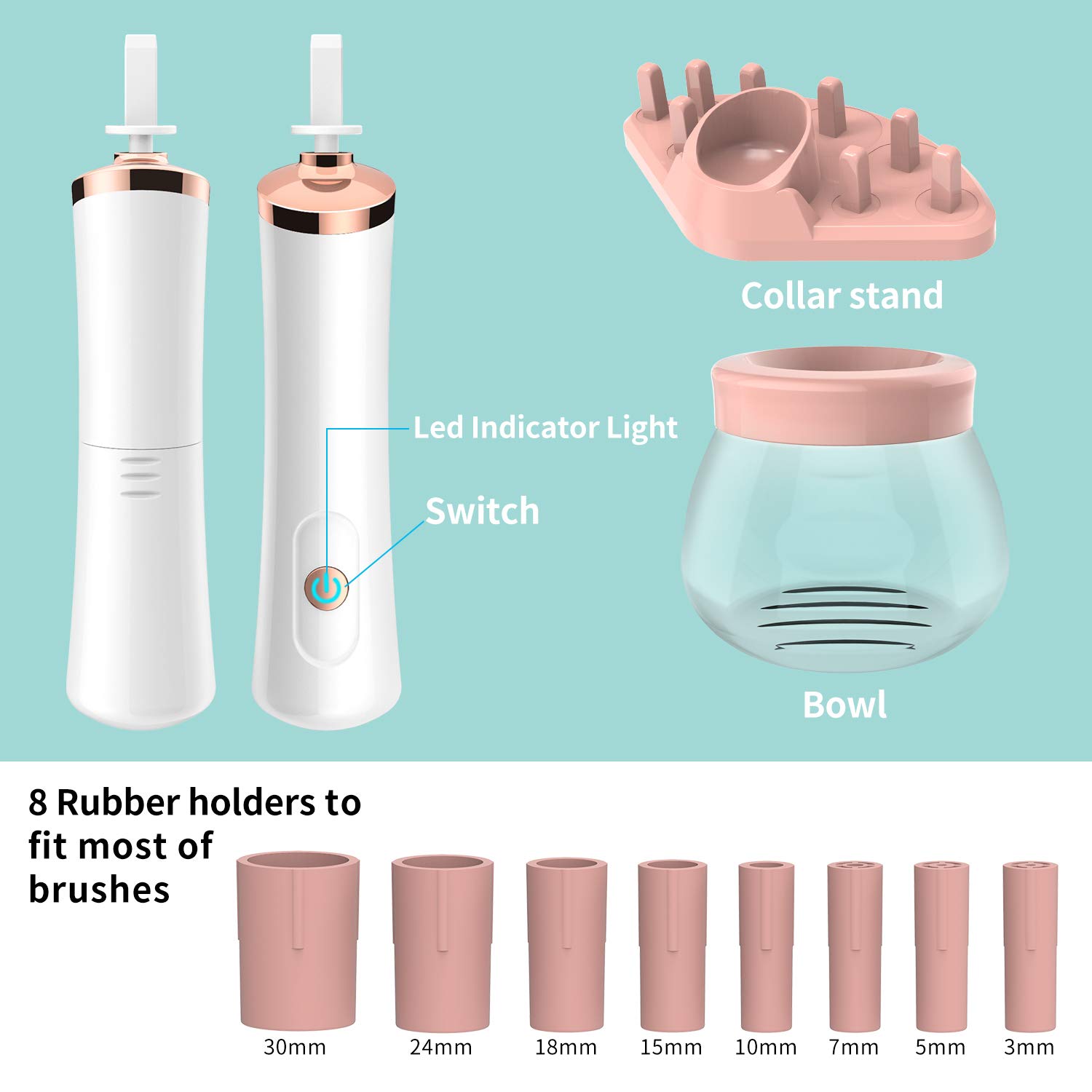 Senbowe Upgraded Makeup Brush Cleaner and Dryer Machine, Electric Cosmetic Automatic Brush Spinner with 8 Size Rubber Collars, Wash and Dry in Seconds, Deep Cosmetic Brush Spinner for Brushes - Image 8