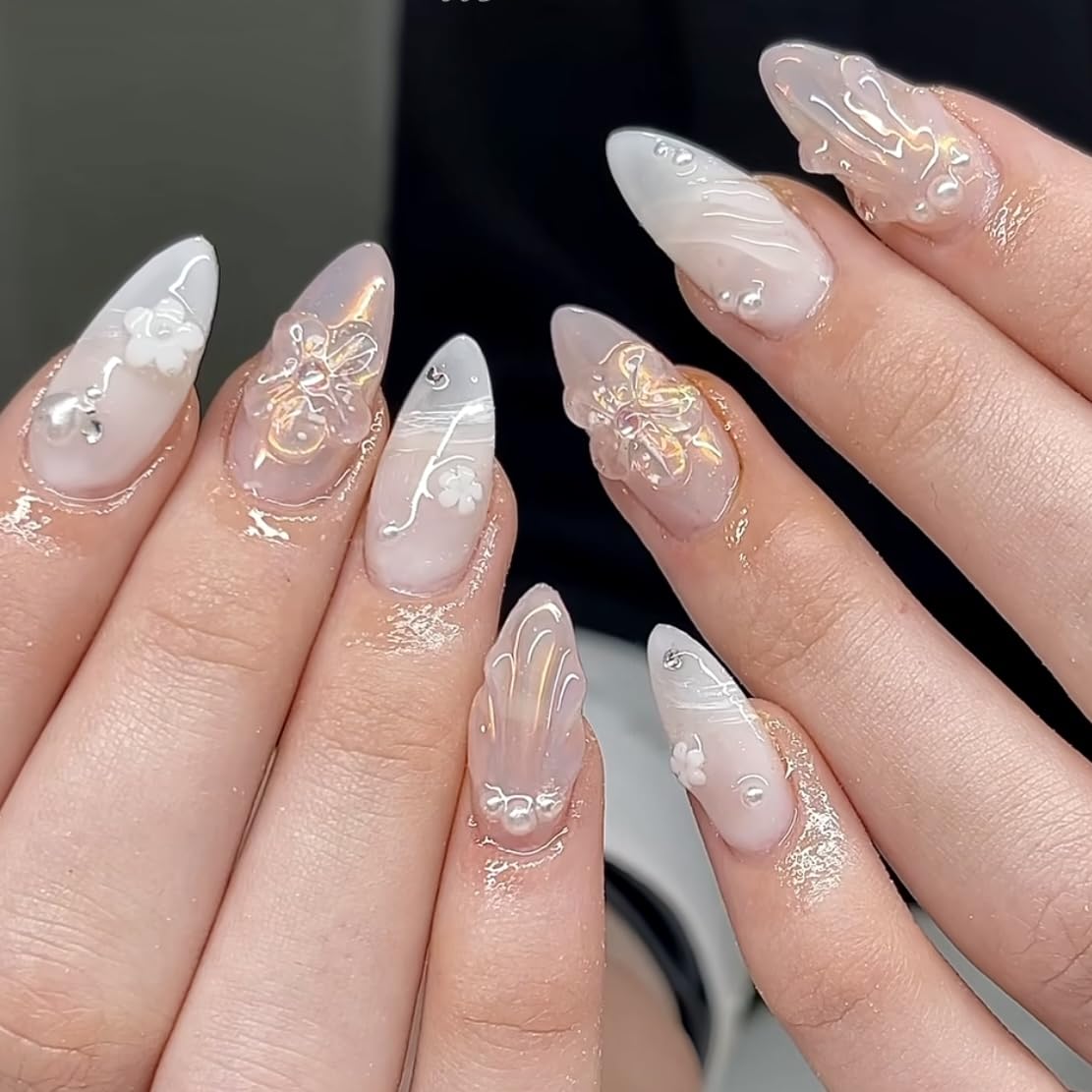 Set 10Pcs -Clear -Gel 3D -Flowers -Nails -Charms Plain No Rhinestone Gems Handmade by Gel, Design For Medium & Long Nail, 3D Flower Nail Art Floral Salon Decor For Women(Medium, ApricotBlossom Clear) - Image 6