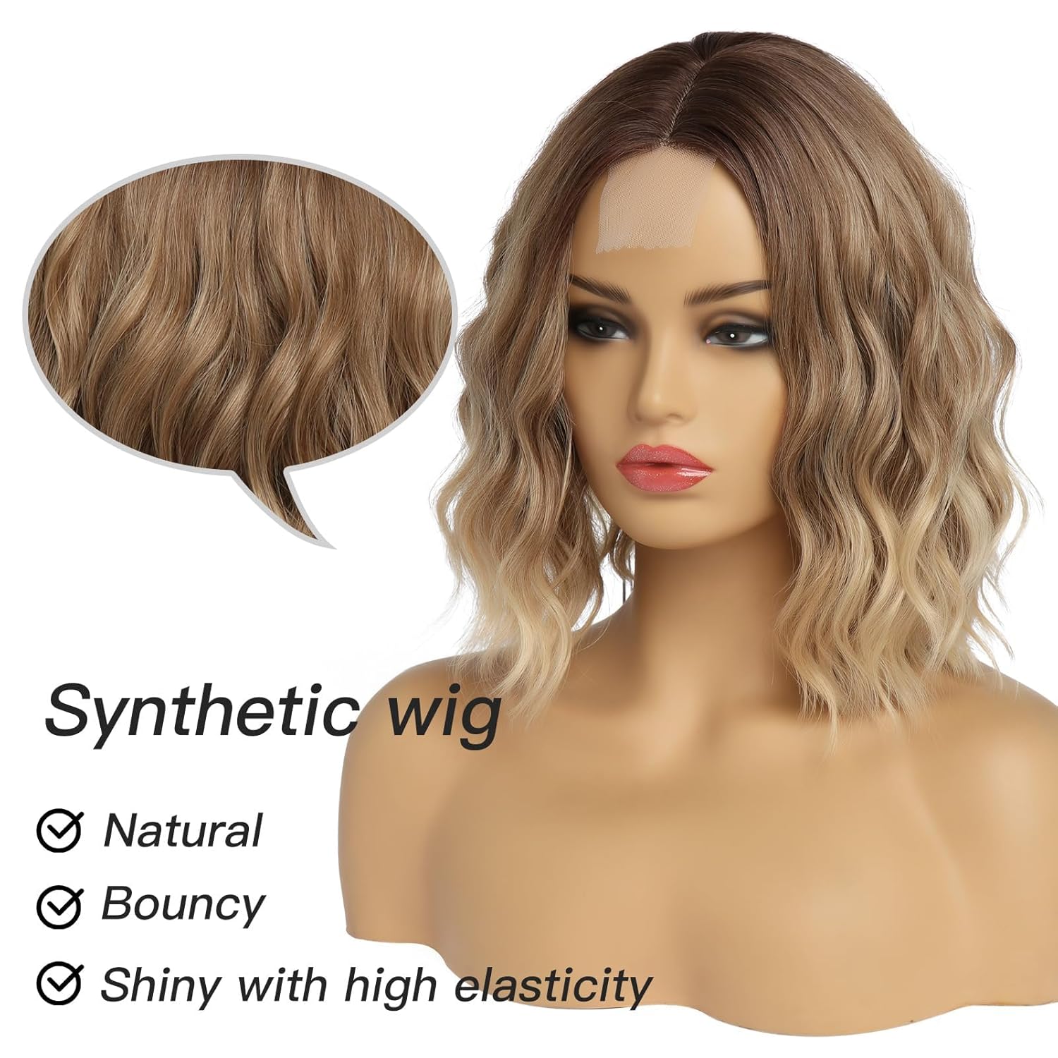 Short Ombre Blonde Wavy Wig for Women 14 Inch Shoulder Length Middle Part Curly Wavy Bob Wig Natural Looking Synthetic Heat Resistant Fiber Wig for Daily Party Use - Image 3