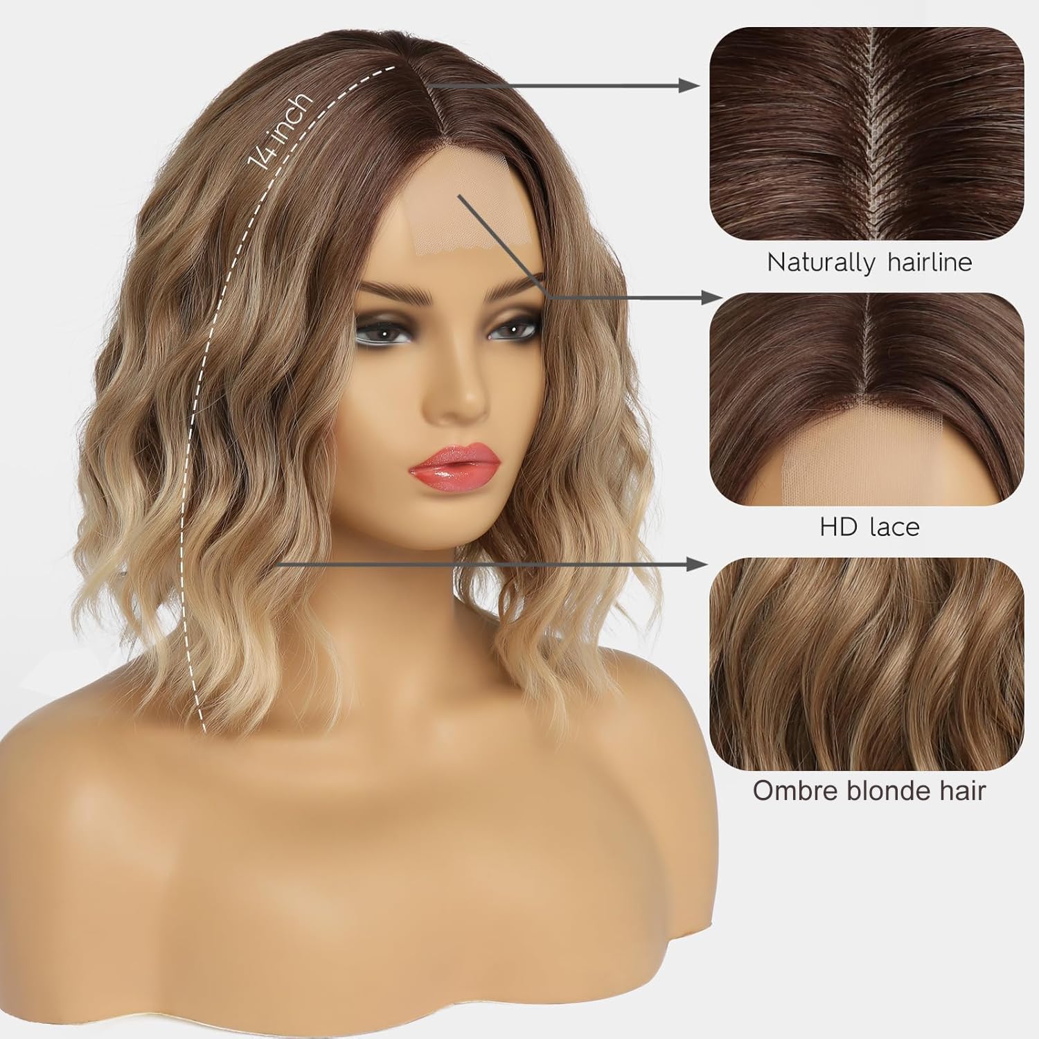 Short Ombre Blonde Wavy Wig for Women 14 Inch Shoulder Length Middle Part Curly Wavy Bob Wig Natural Looking Synthetic Heat Resistant Fiber Wig for Daily Party Use - Image 2