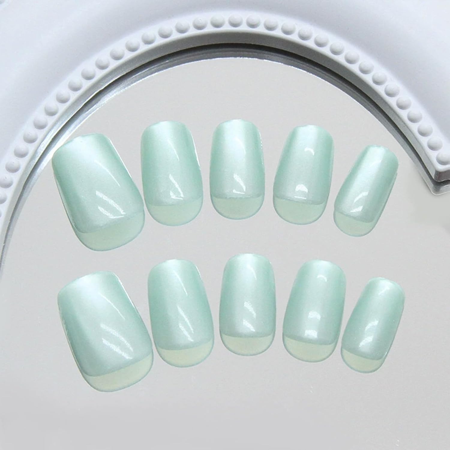 Short Square Press on Nails Fresh Mint Green Cat Eye Fake Nails Pale Green Acrylic False Nails Press ons Glossy Artificial Stick on Nail for Women Girls 24Pcs - Image 3