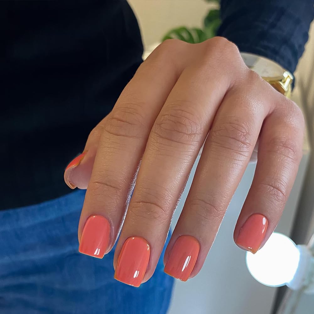 Short Square Press on Nails Orange,KQueenest Spring Gel Fake Nails Pure Color Natural Petite Nails Solid Stick on Nails for Daily Office Manicure - Image 3