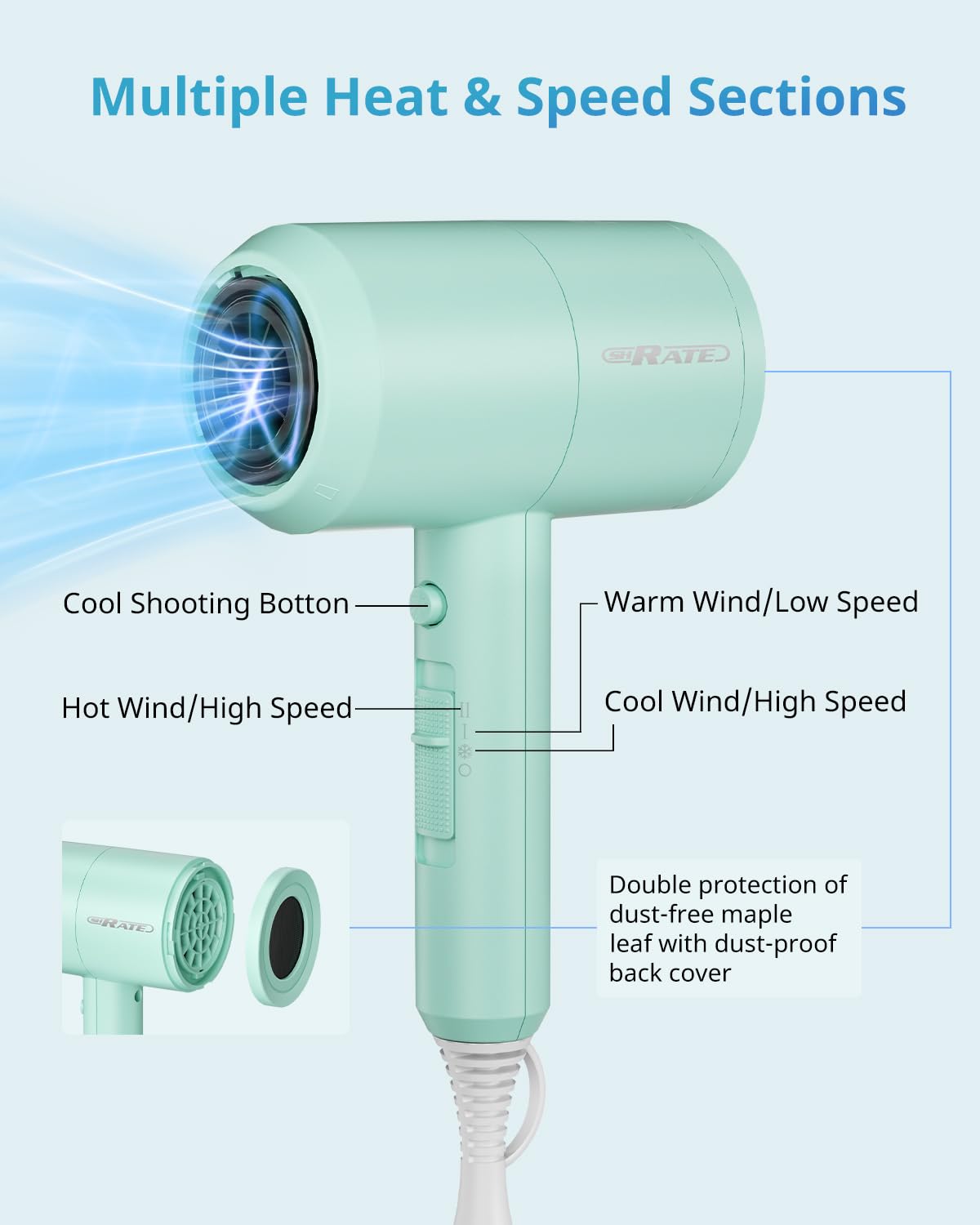 SHRATE Lightweight Ionic Hair Dryer with Diffuser - Powerful 1800W Blow Dryer for Fast Drying - Professional Low Noise Mini Hair Dryer for Travel, Gifts, Hair Styling - Image 7