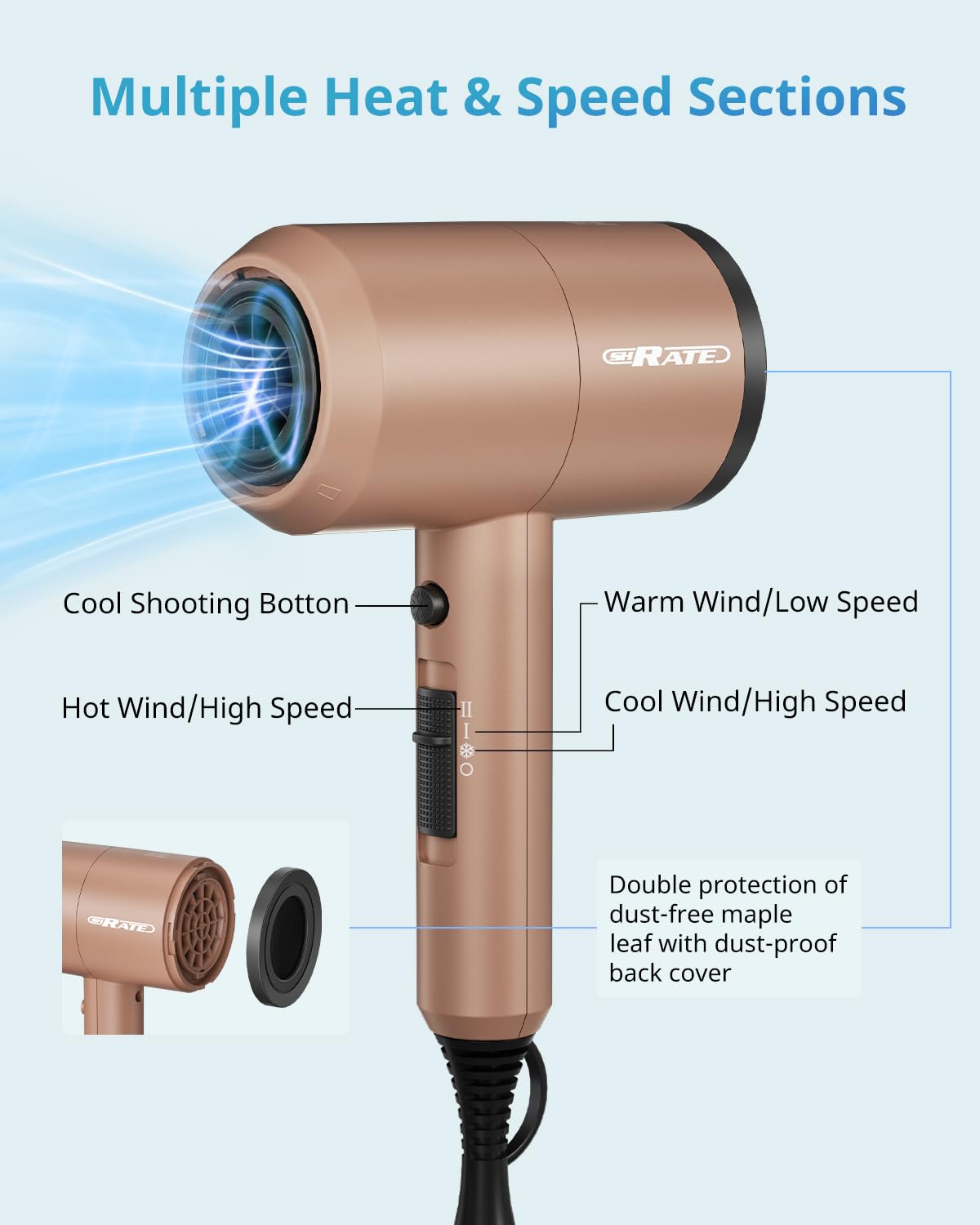 SHRATE Lightweight Ionic Hair Dryer with Diffuser - Powerful 1800W Blow Dryer for Fast Drying - Professional Low Noise Mini Hair Dryer for Travel, Gifts, Hair Styling - Image 7