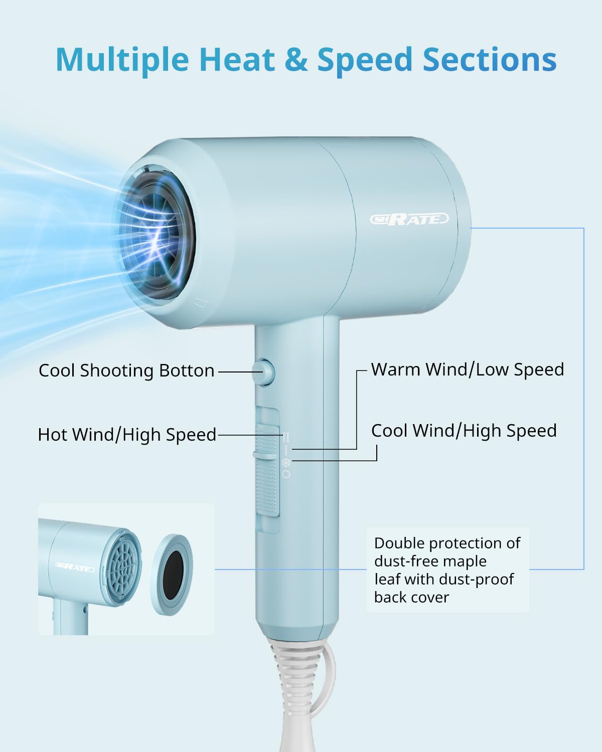 SHRATE Lightweight Ionic Hair Dryer with Diffuser - Powerful 1800W Blow Dryer for Fast Drying - Professional Low Noise Mini Hair Dryer for Travel, Gifts, Hair Styling - Image 7