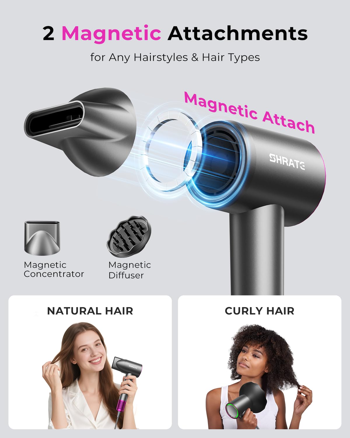 SHRATE Professional High Speed Ionic Hair Dryer | Ultra-Fast Drying | 500 Million Negative Ions | Low Noise | 160000 RPM | Compact Blow Dryer with Magnetic Diffuser for Faster Drying All Hair Types - Image 6