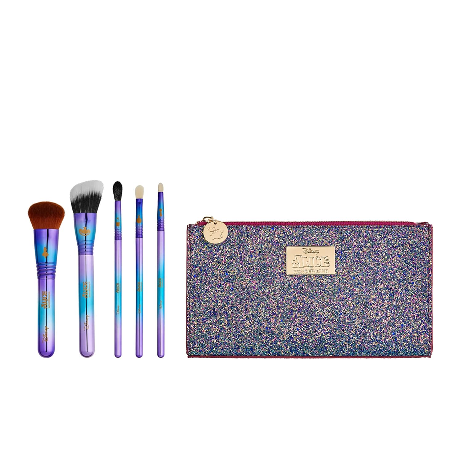 Sigma Beauty and Disney Makeup Brushes - Alice in Wonderland Brush Set - Includes 2 Face Brushes and 3 Eye Shadow Brushes - Hypoallergenic Brush Set for Seamless Blending and Application + Beauty Bag