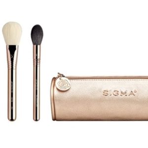 Sigma Beauty Bloom + Glow Makeup Brush Set – Set of 3 Face Makeup Brushes for Blush, Contour, Bronzer, and Highlighter, Includes Stylish Rose Gold Small Makeup Bag (4 Pcs)