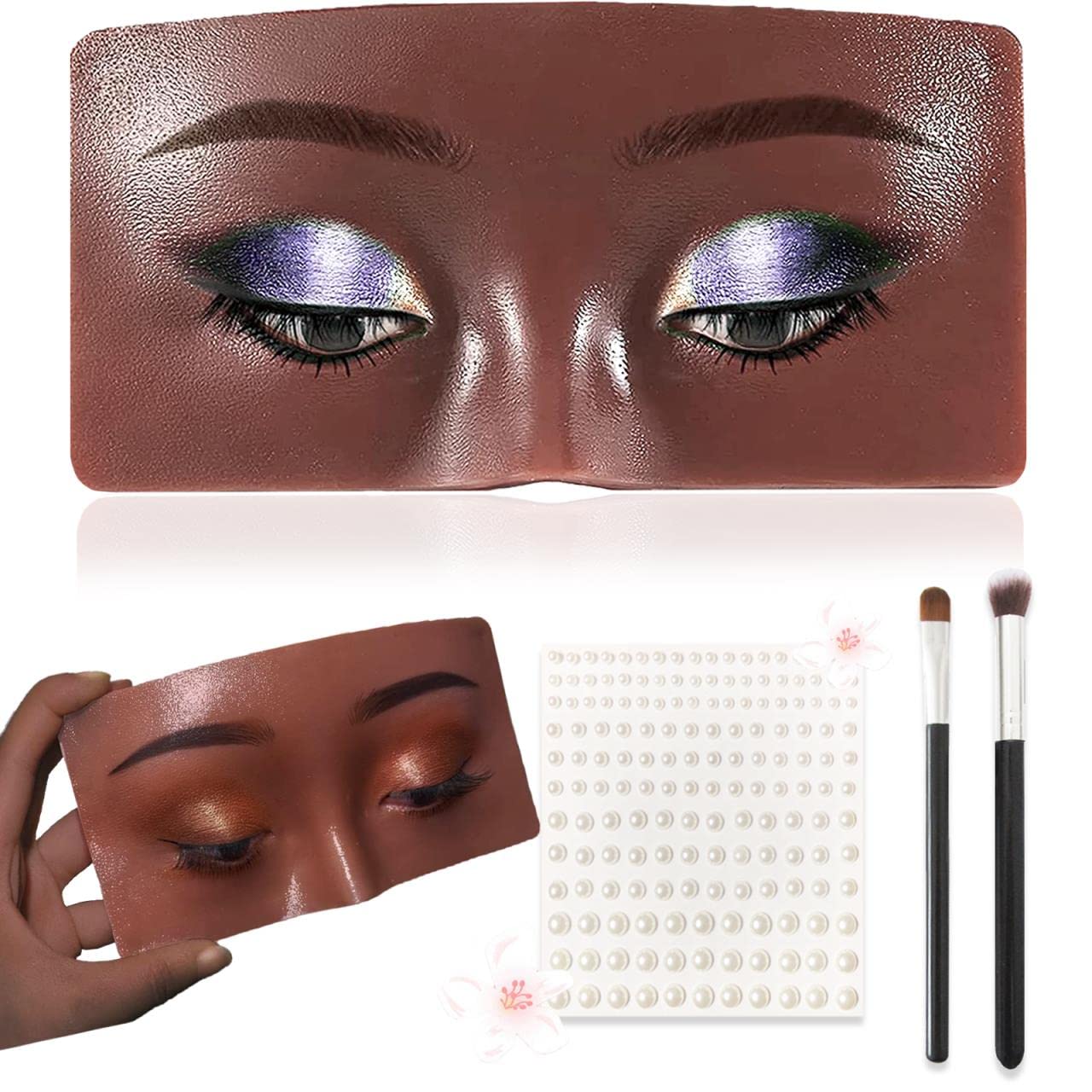 Silicone Makeup Practice Board - Face & Eyes Mannequin for Artists & Beginners, With Makeup Brushes & 165Pcs Pearl Stickers (Black)