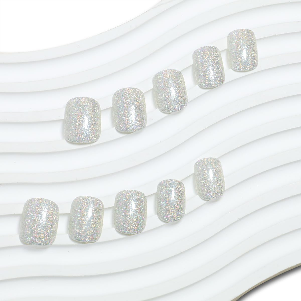 Silver Glitter Press on Nails Short Square Fake Nails Glossy Squoval False Nails with Designs Solid Color Acrylic Nails Set White Glitter Full Cover Glue on Nails for Women Nails Art Decoration 24Pcs - Image 3