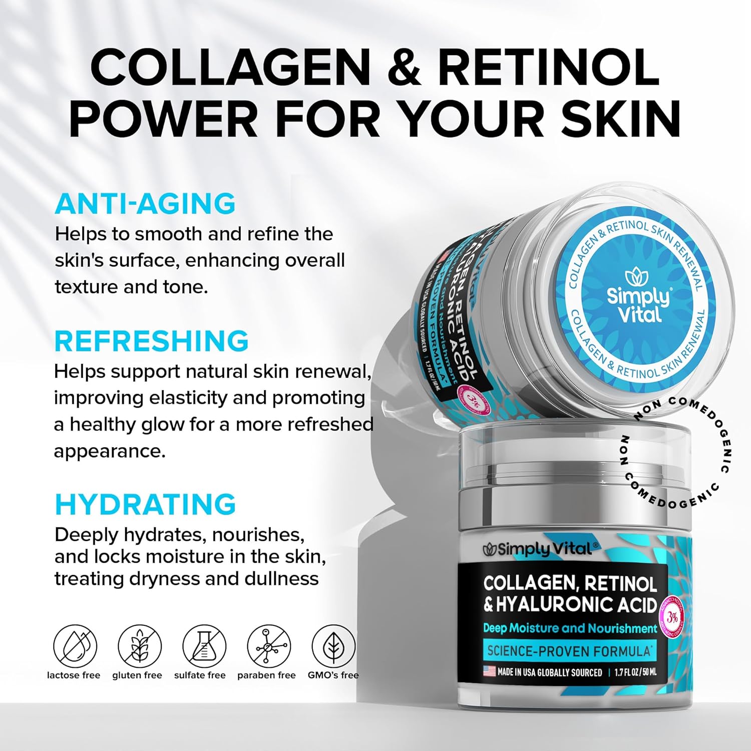 SimplyVital Collagen Face Moisturizer - Anti-Aging Retinol Cream for Face, Neck & Décolleté with Hyaluronic Acid - Made in USA, Daily Moisturizer Face Cream, 2-Pack - Image 3