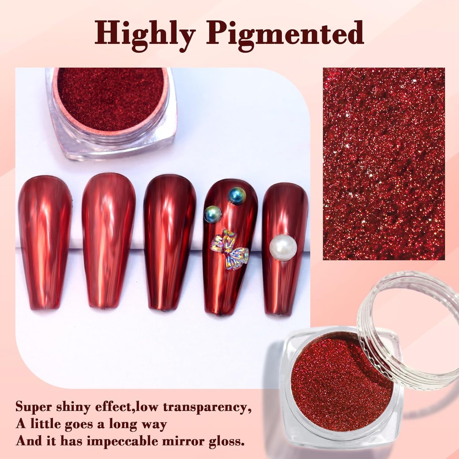 SIUSIO Chrome Nail Powder, Metallic Mirror Effect Chrome Powder Holographic Shimmer Glitter Dust Manicure Decoration Nail Art Pigment for DIY Gel Polish Nail Art, Resin Craft, Salon, Gifts - Red - Image 4