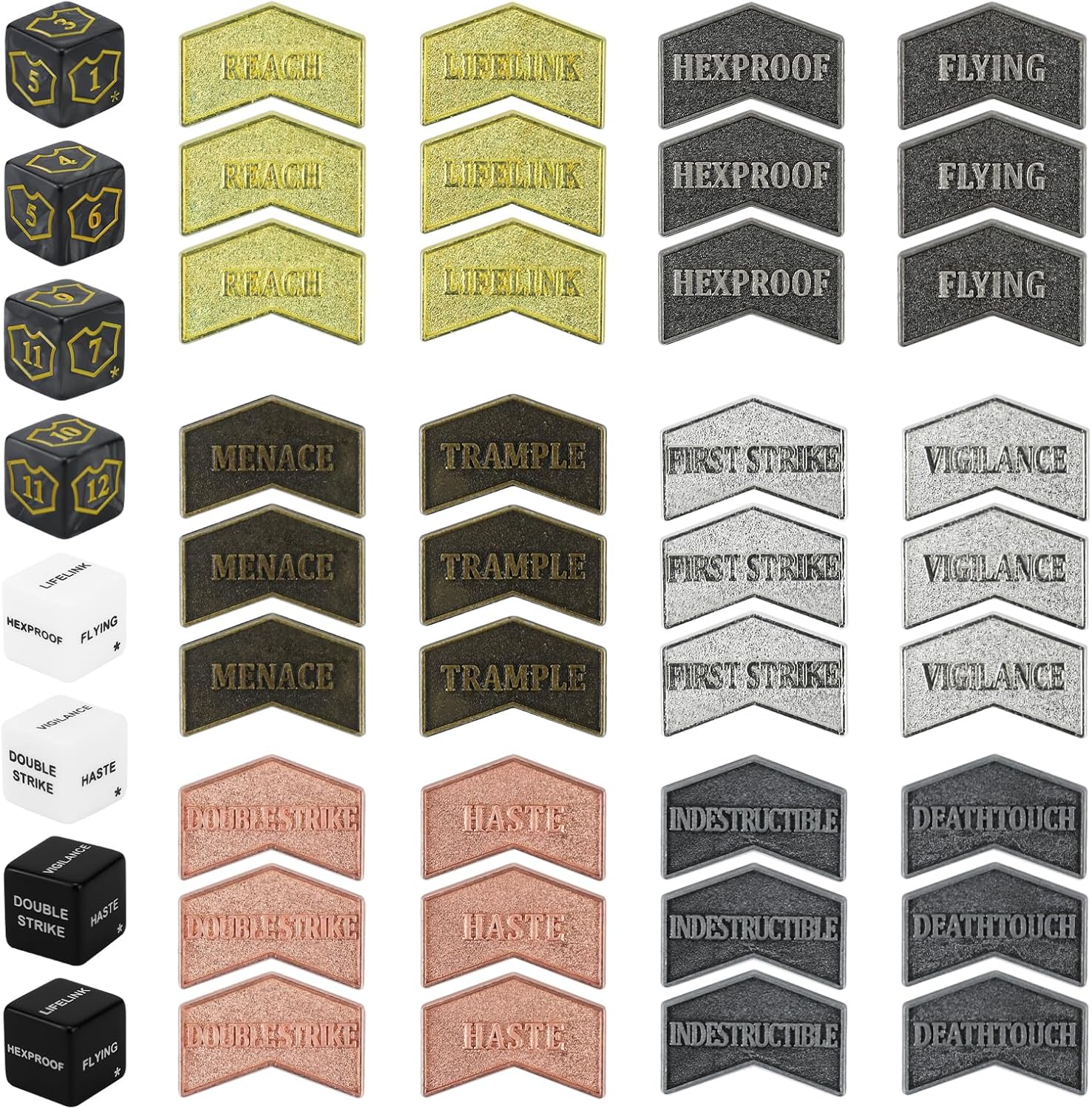 SIXPOINTS 44 Pieces Magic The Gathering Antique Metal Token & MTG Keyword/Counters Dice Setfor MTG CCG Card Gaming Accessories(44PCS-Keyword Counters & Dices Set)