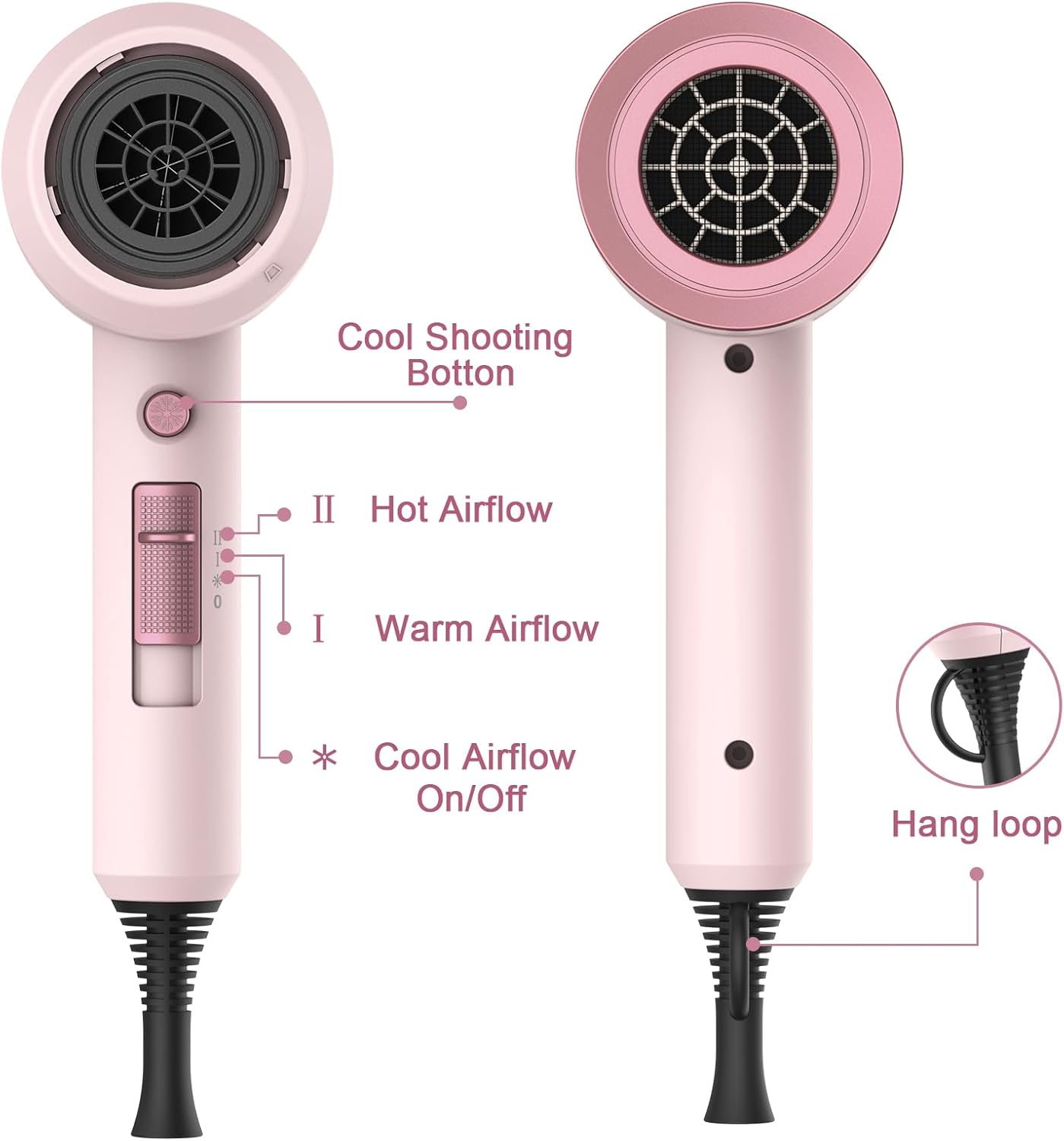 slopehill Professional Ionic Hair Dryer, Powerful 1800W Fast Drying Low Noise Blow Dryer with 2 Concentrator Nozzle 1 Diffuser Attachments for Home Salon Travel (Pottery Pink and Rose Gold) - Image 6