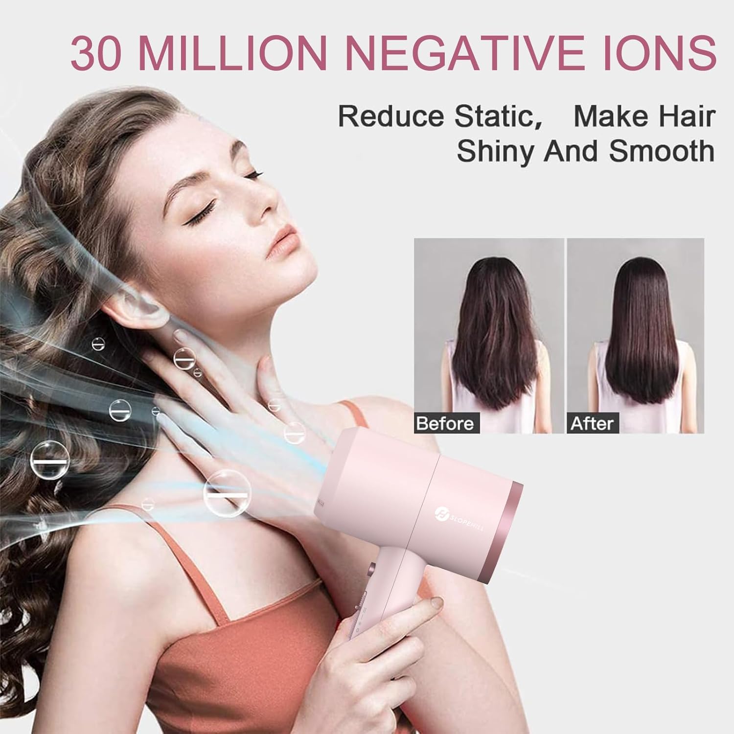 slopehill Professional Ionic Hair Dryer, Powerful 1800W Fast Drying Low Noise Blow Dryer with 2 Concentrator Nozzle 1 Diffuser Attachments for Home Salon Travel (Pottery Pink and Rose Gold) - Image 5