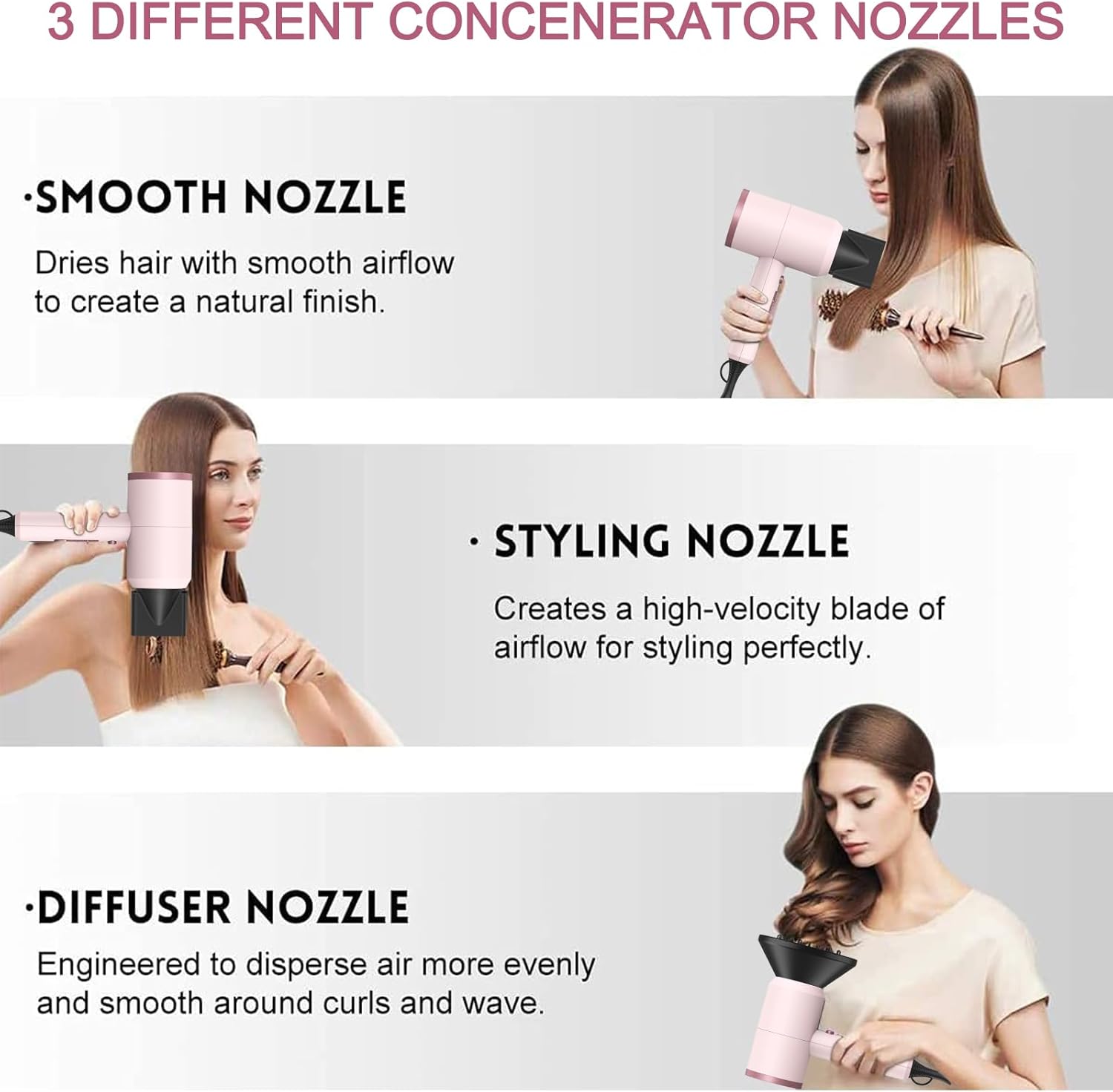 slopehill Professional Ionic Hair Dryer, Powerful 1800W Fast Drying Low Noise Blow Dryer with 2 Concentrator Nozzle 1 Diffuser Attachments for Home Salon Travel (Pottery Pink and Rose Gold) - Image 3