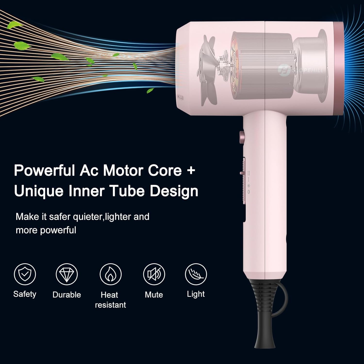 slopehill Professional Ionic Hair Dryer, Powerful 1800W Fast Drying Low Noise Blow Dryer with 2 Concentrator Nozzle 1 Diffuser Attachments for Home Salon Travel (Pottery Pink and Rose Gold) - Image 2