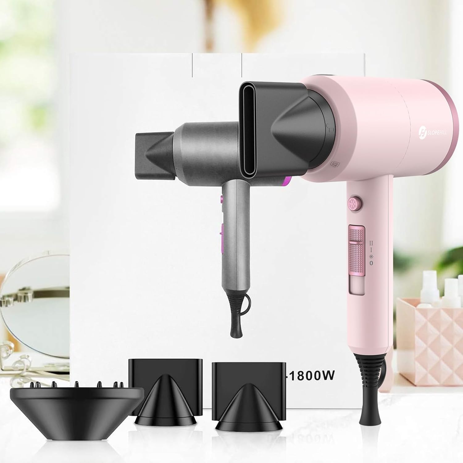 slopehill Professional Ionic Hair Dryer, Powerful 1800W Fast Drying Low Noise Blow Dryer with 2 Concentrator Nozzle 1 Diffuser Attachments for Home Salon Travel (Pottery Pink and Rose Gold) - Image 8