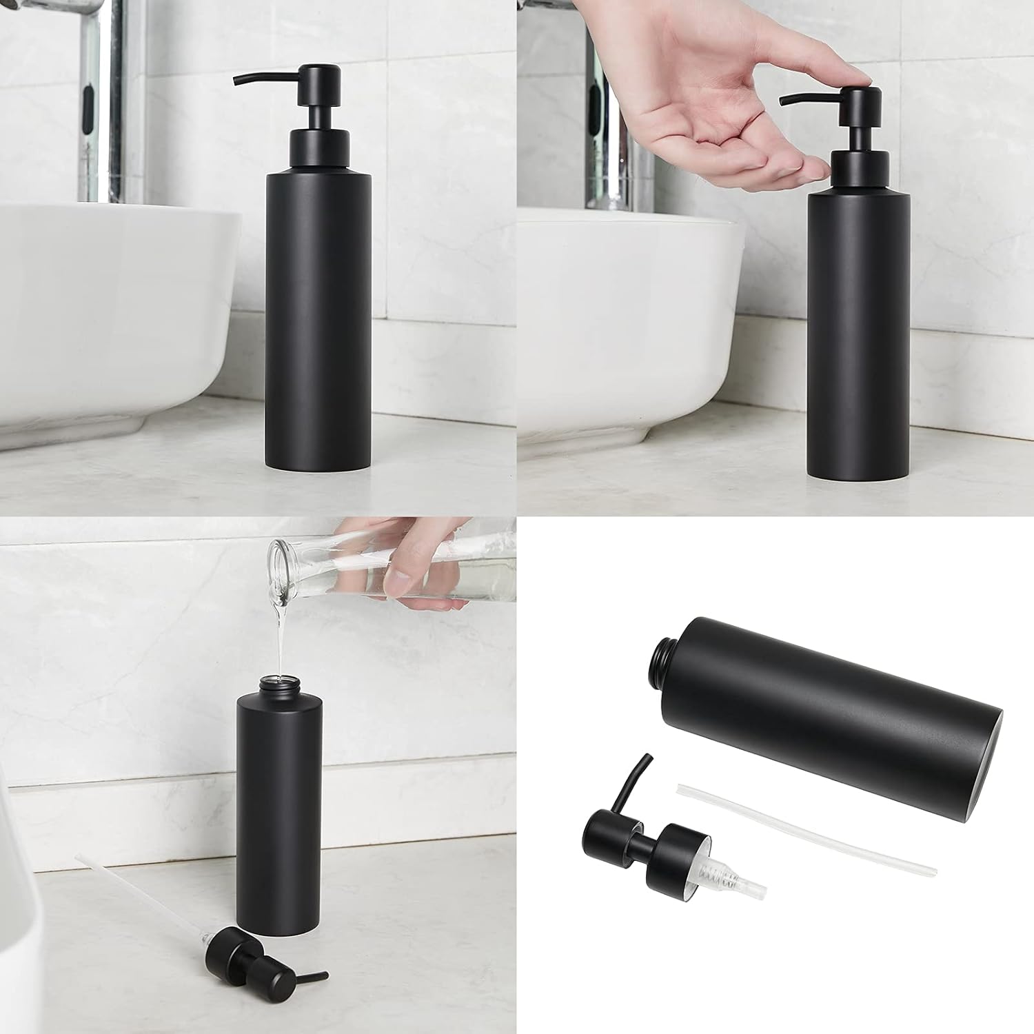 Soap Dispenser, Matte Black with Funnel and Non-Slip Coaster 304 Stainless Steel Metal Pump Hand Sanitizer Bottle for Bathroom, and Kitchen (12oz/350ml) - Image 5